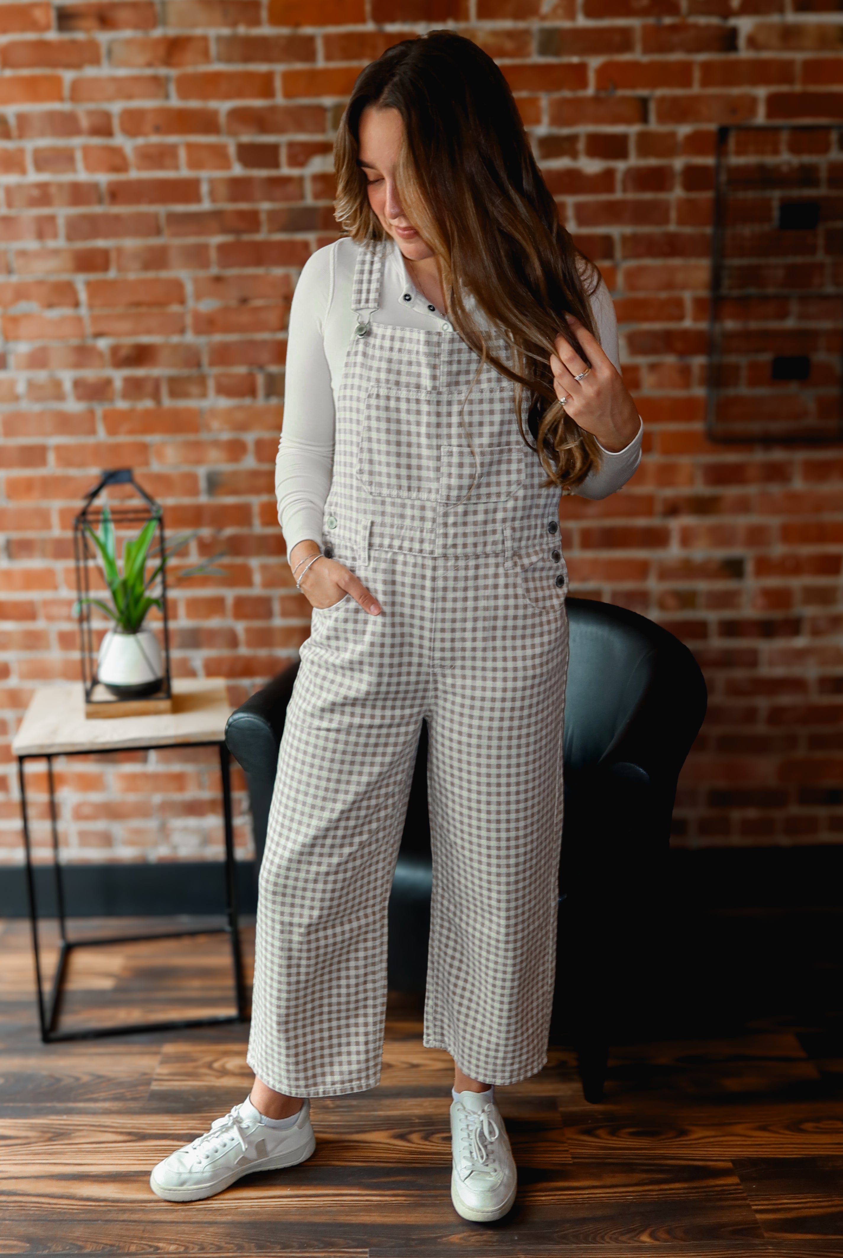 Happiness Trails Boutique - Cream/Taupe gingham denim overalls