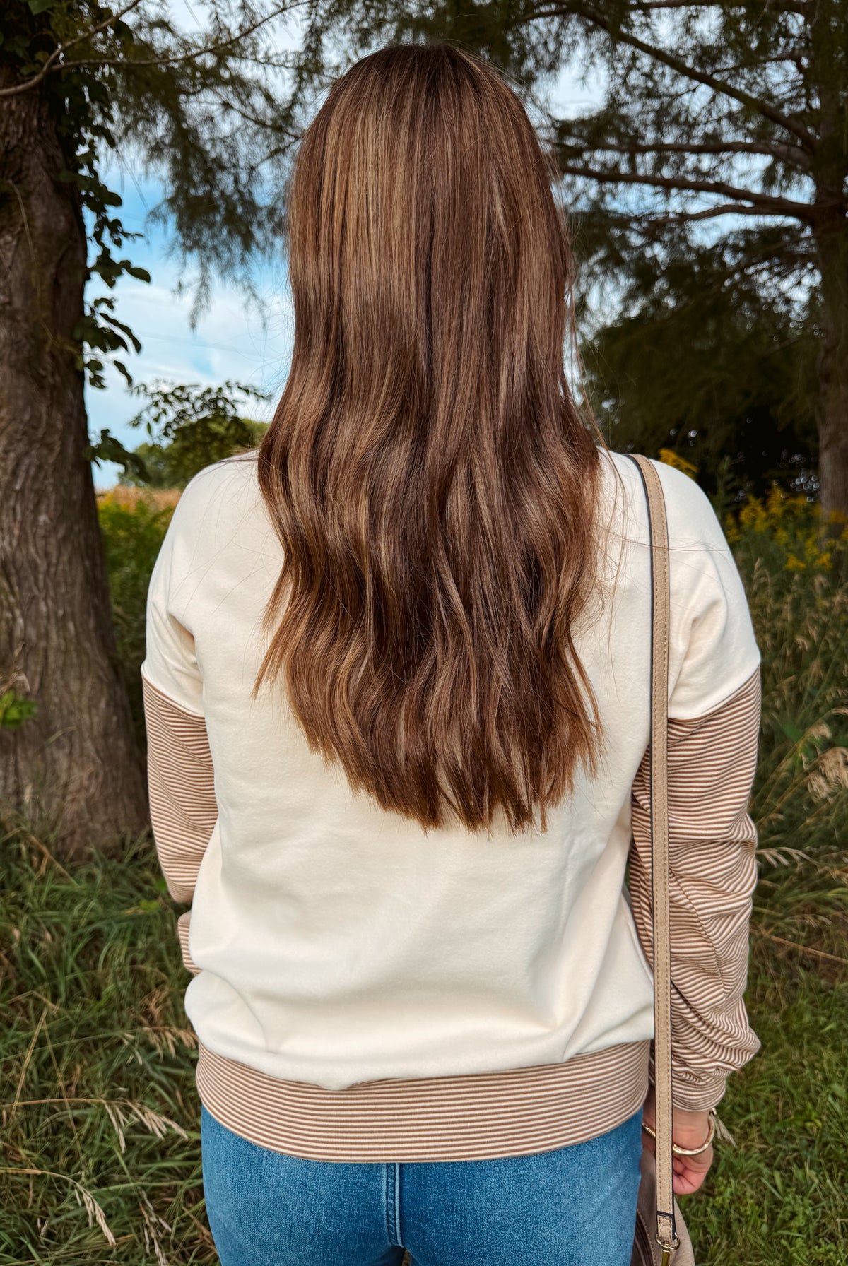 Happiness Trails Boutique - Ivory sweatshirt with camel stripe detailing on the sleeves and waistband