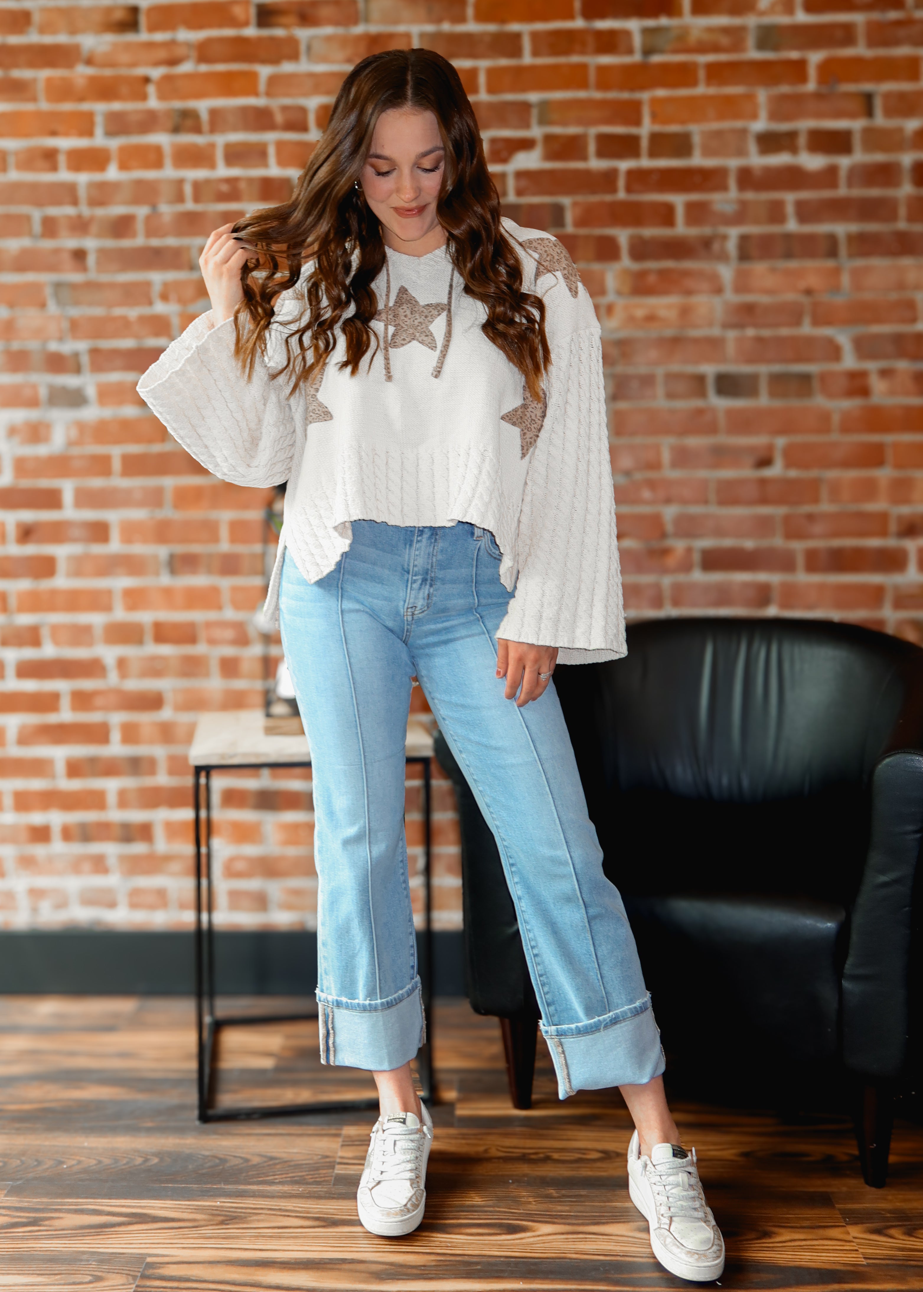 Happiness Trails Boutique - POL almond sweater with star patch detail