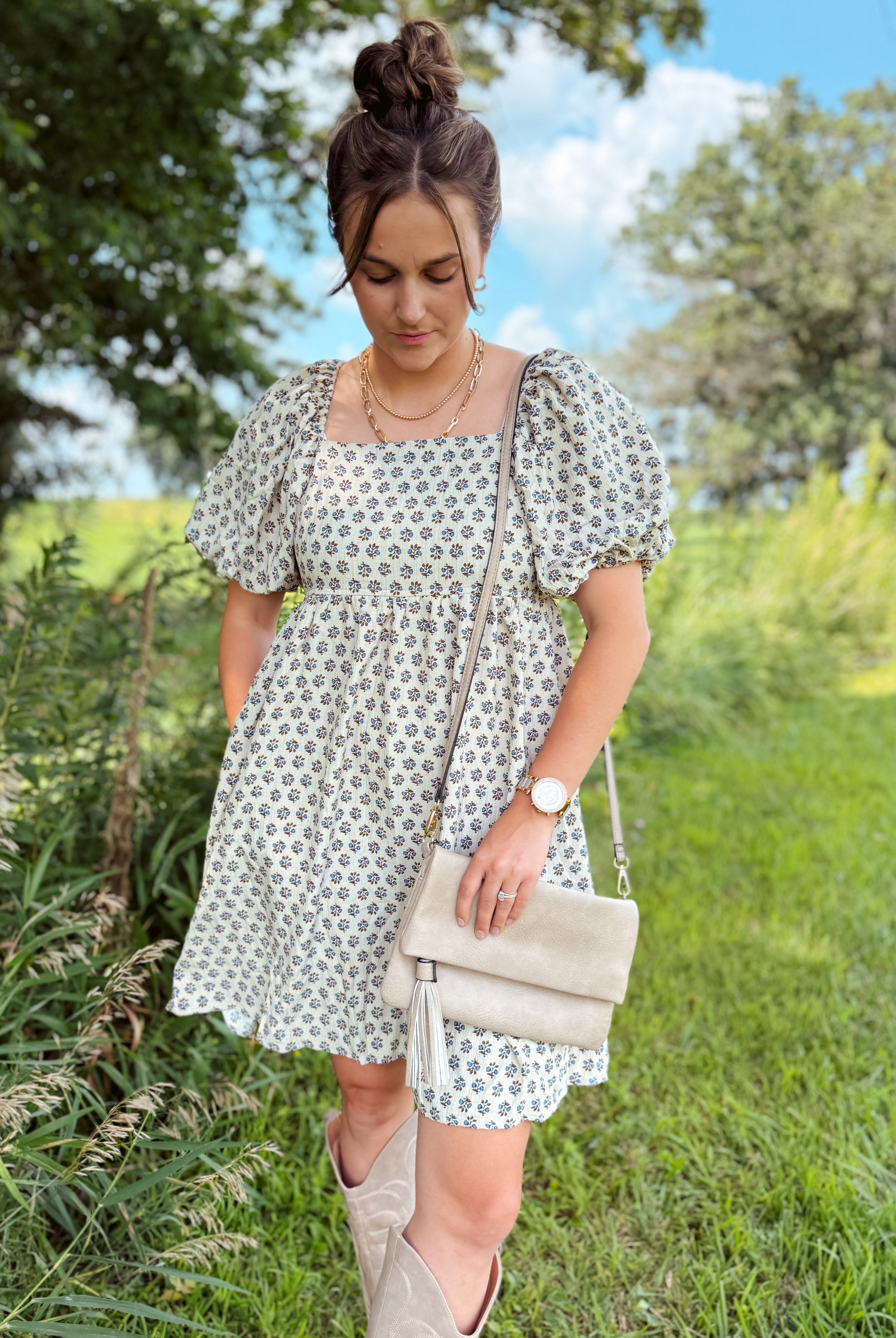 Happiness Trails Boutique - A soft neutral oatmeal tone beautifully complemented by blue floral accents dress