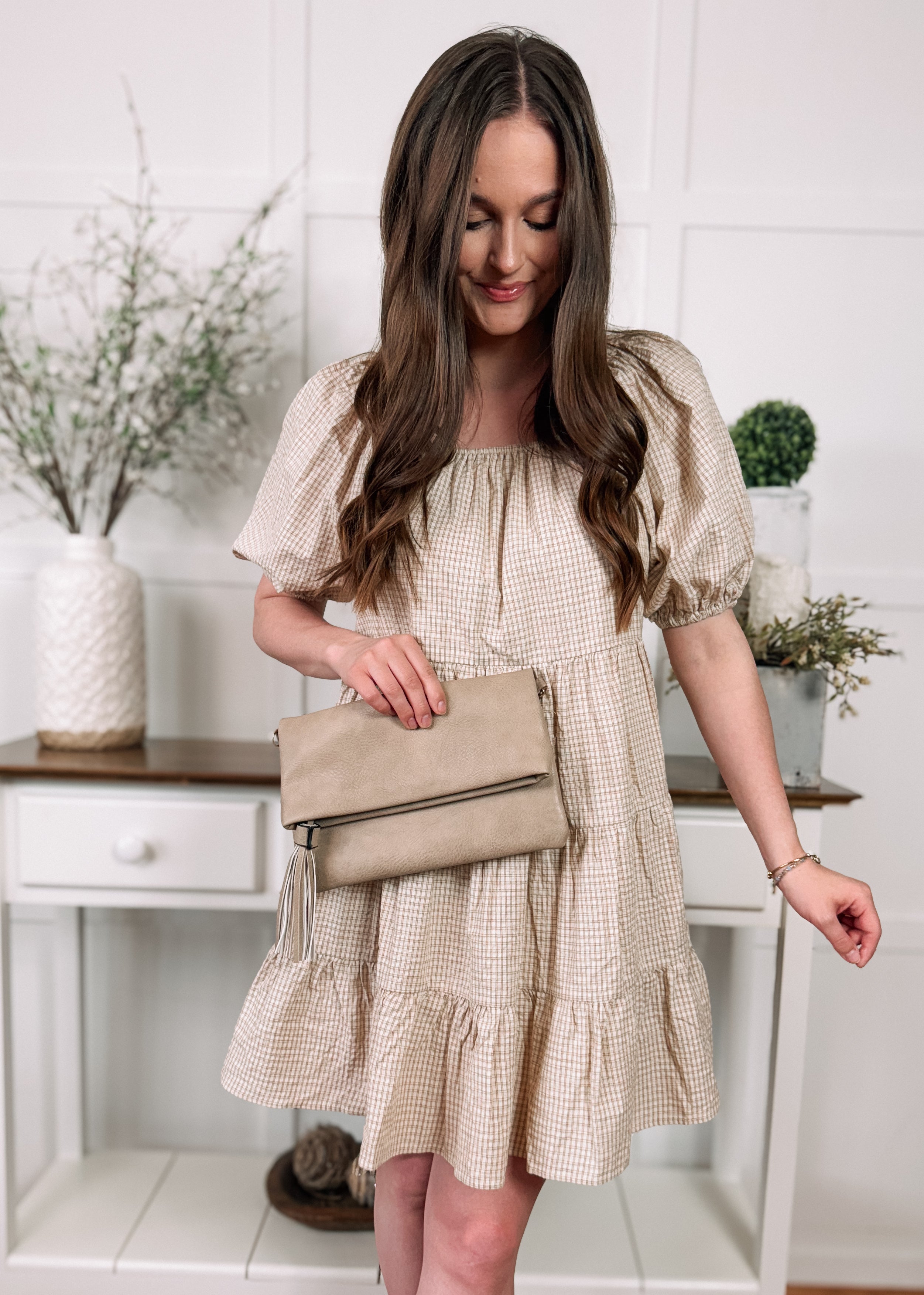Happiness Trails Boutique - Ivory/Mocha gingham dress