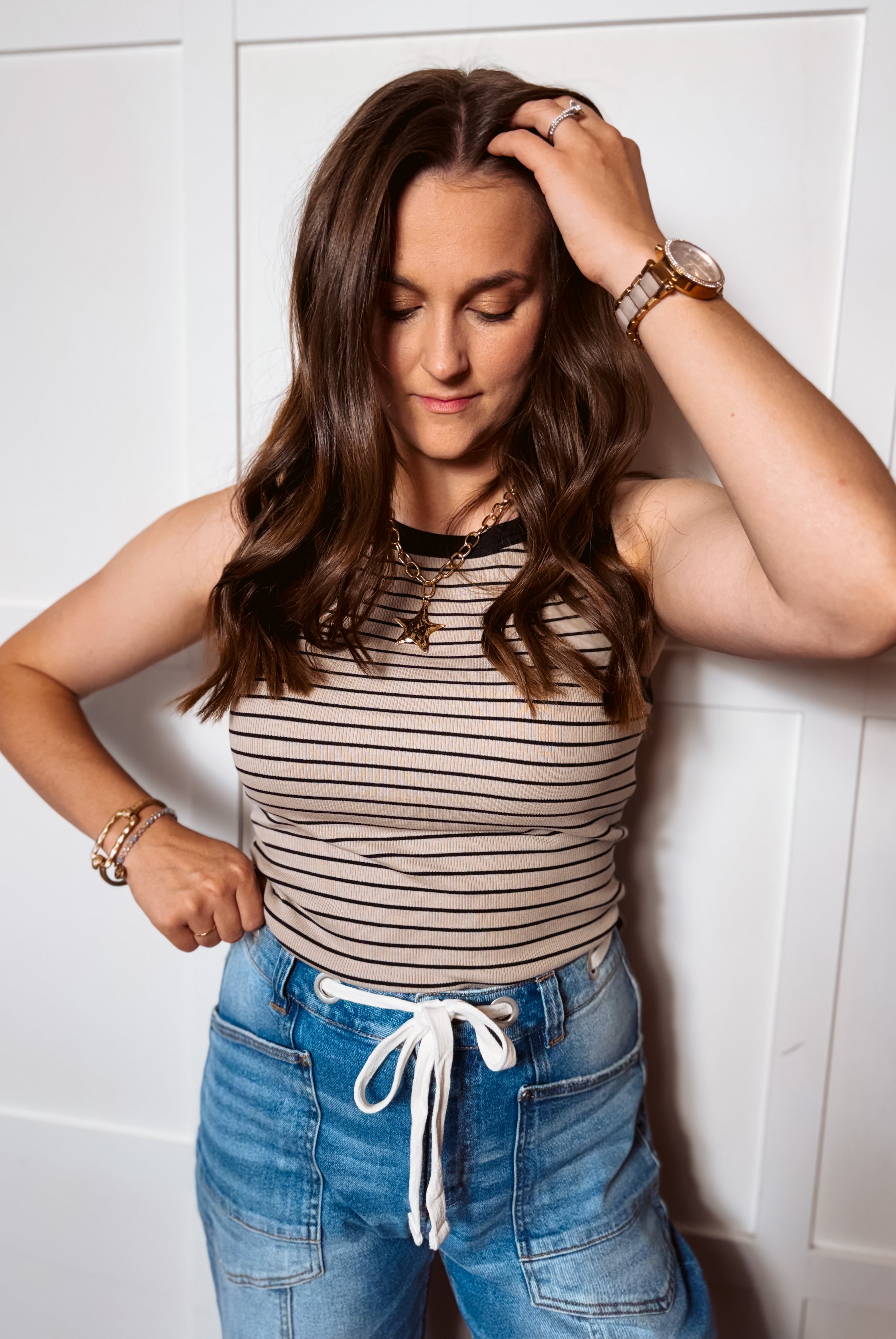 Happiness Trails Boutique - Taupe tank with black stripes
