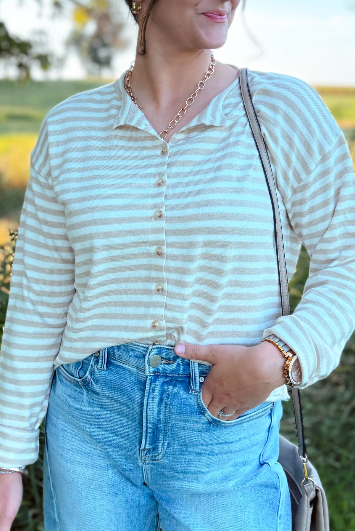 Happiness Trails Boutique - Beige cardigan top with off white stripes