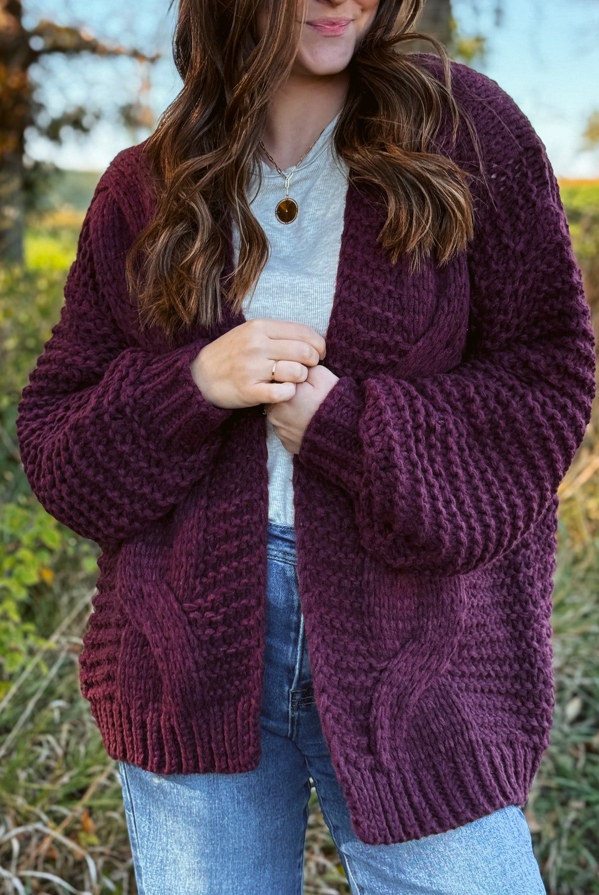 Happiness Trails Boutique - Maroon chunky cable knit cardigan
