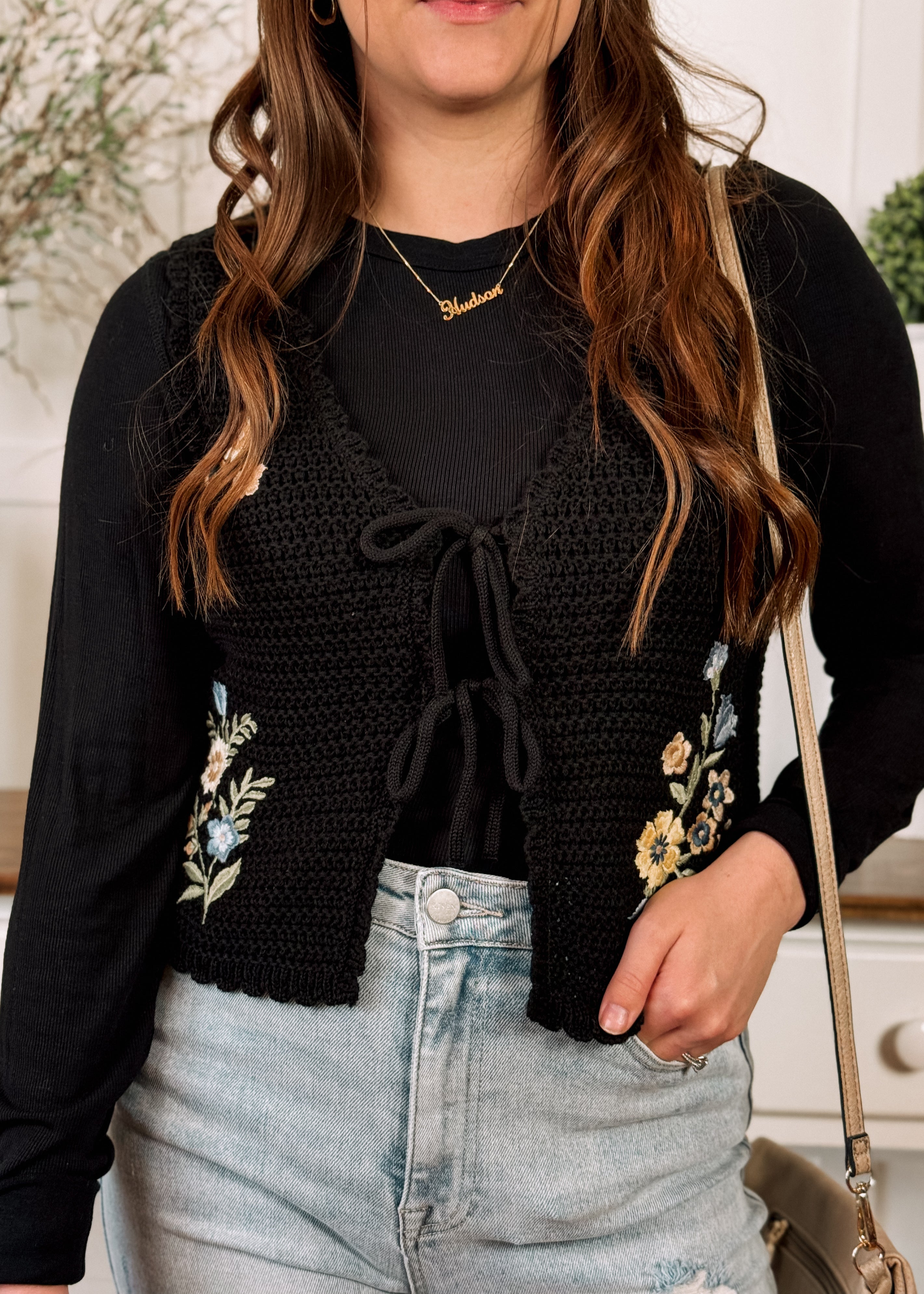 Happiness Trails Boutique - Black embroidered sweater vest