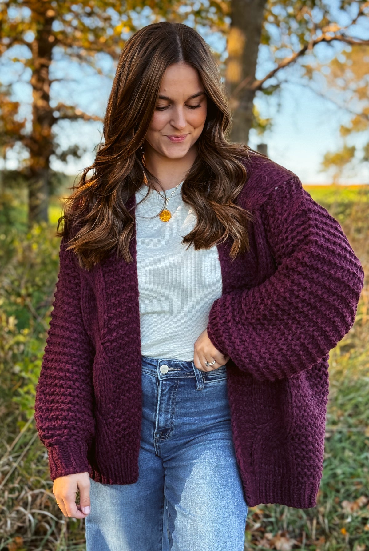 Happiness Trails Boutique - Maroon chunky cable knit cardigan
