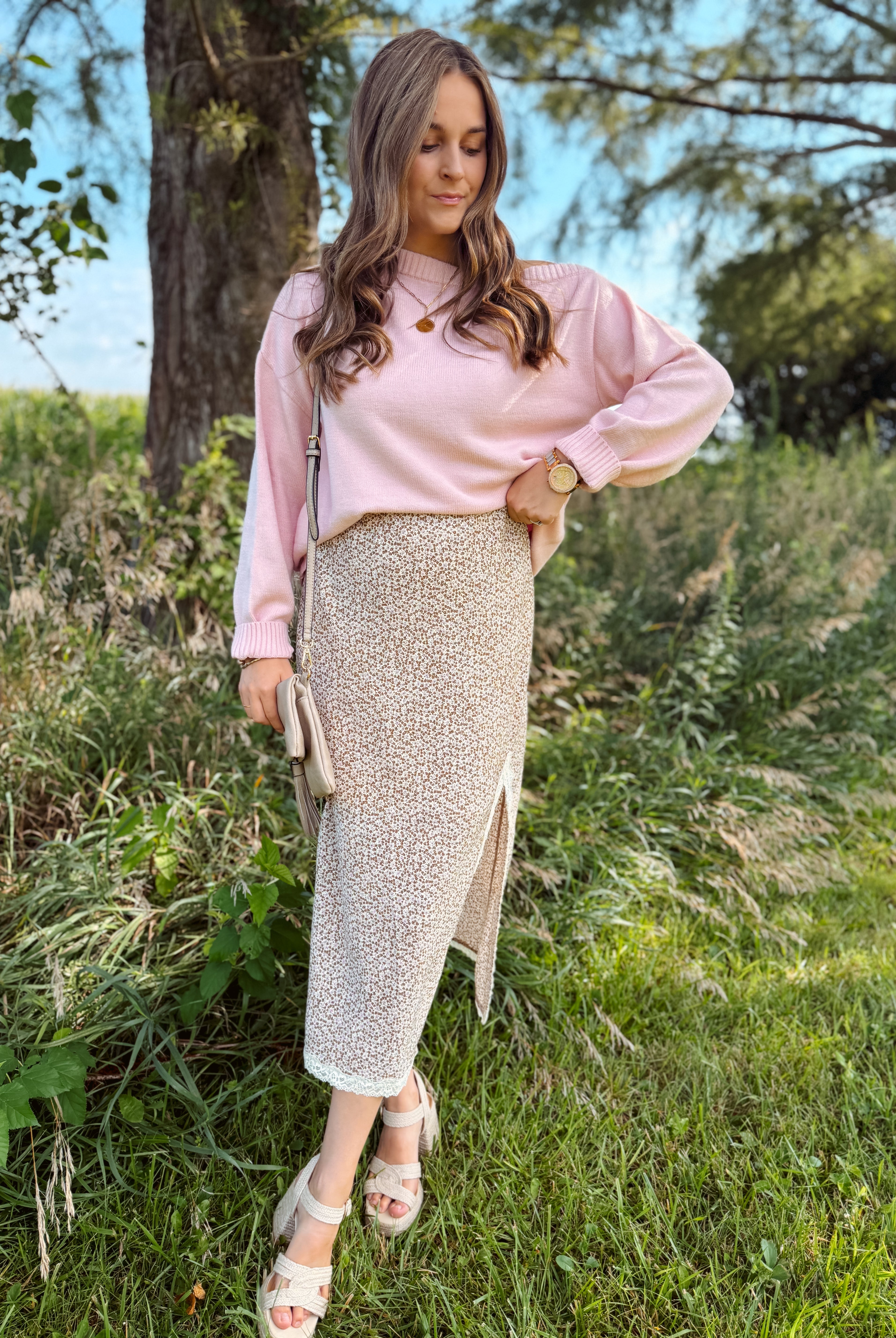 Happiness Trails Boutique - Mocha/pink floral midi skirt