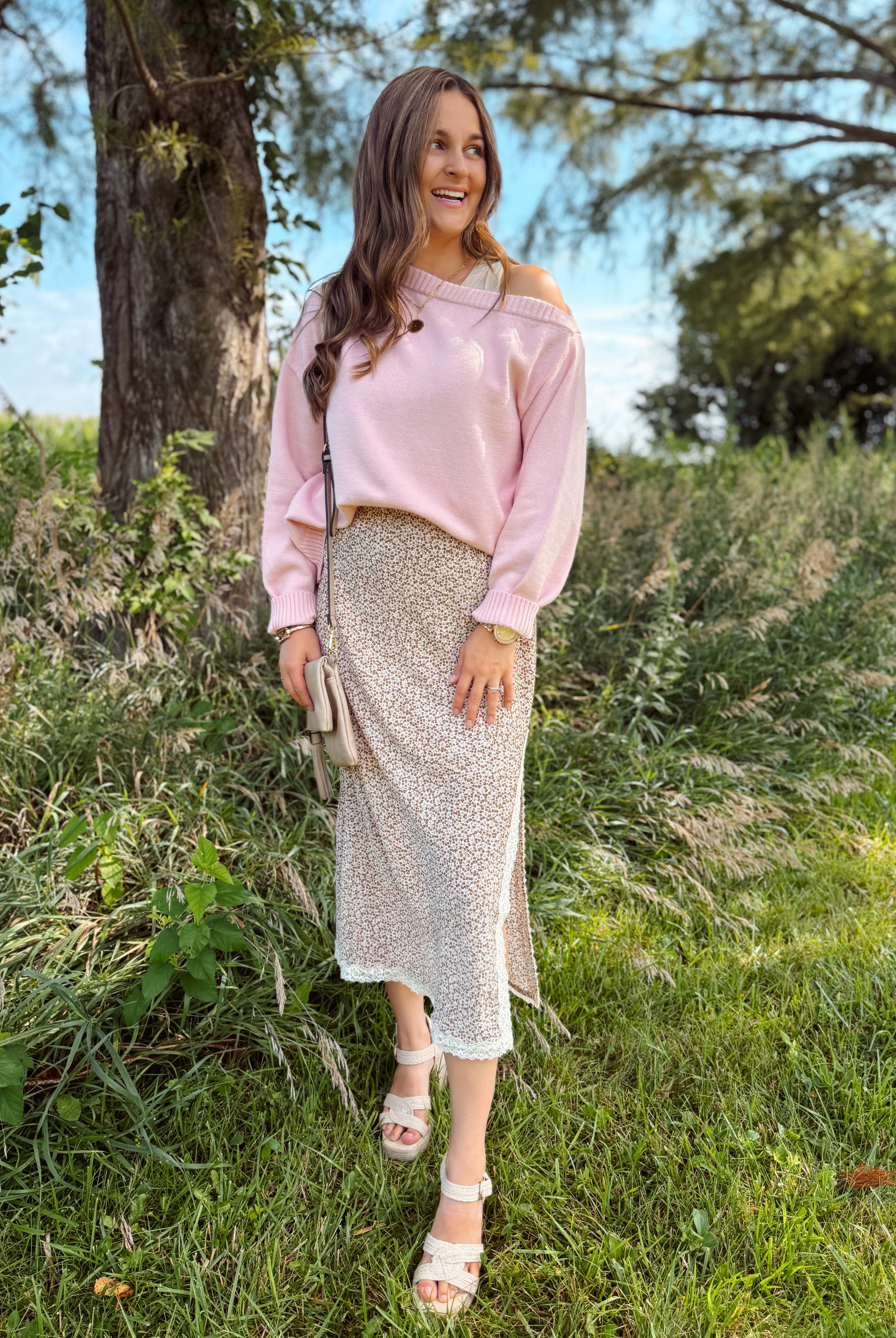 Happiness Trails Boutique - Mocha/pink floral midi skirt