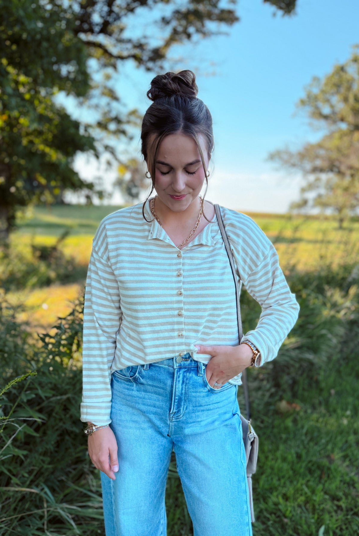 Happiness Trails Boutique - Beige cardigan top with off white stripes