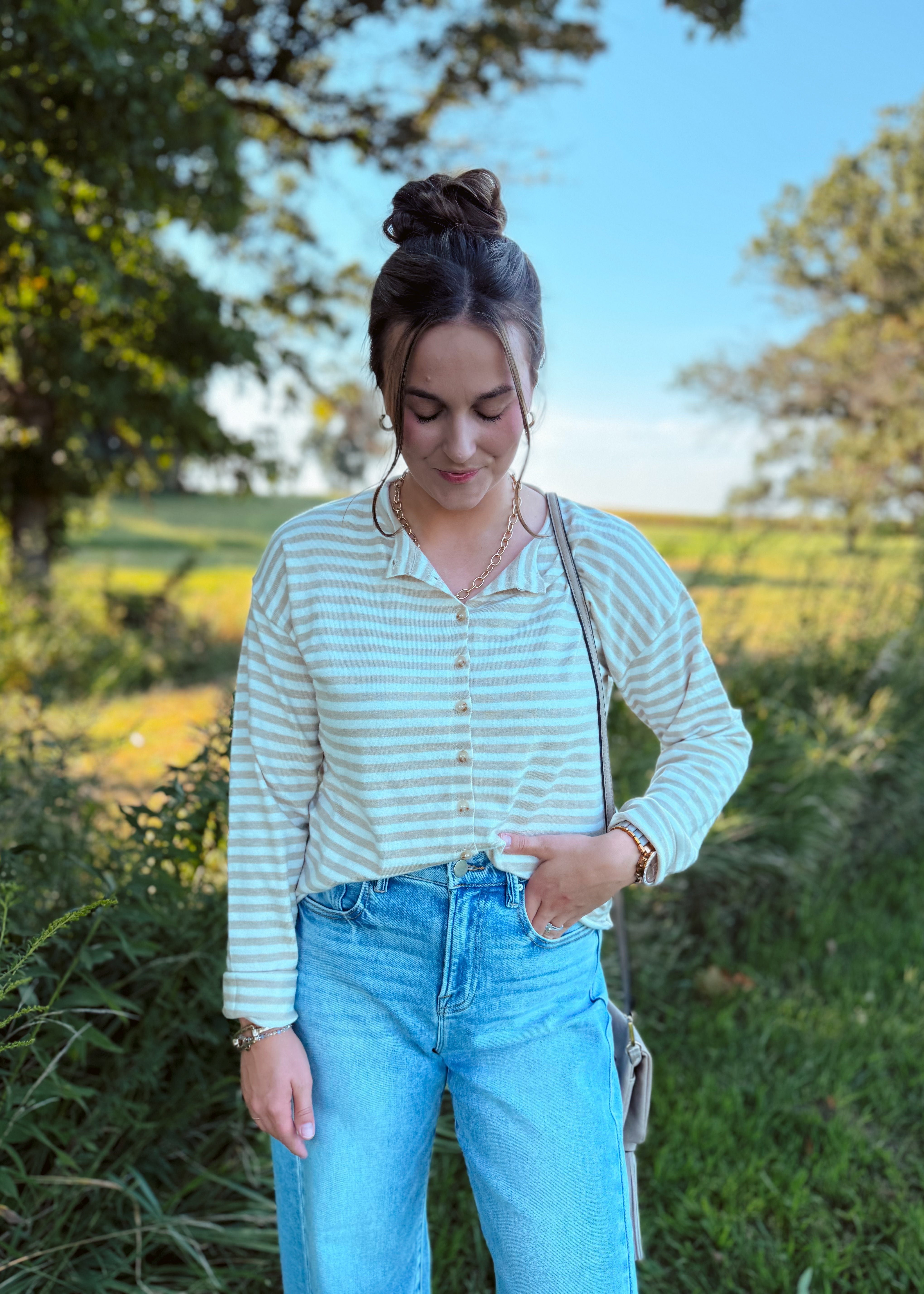 Happiness Trails Boutique - Beige cardigan top with off white stripes