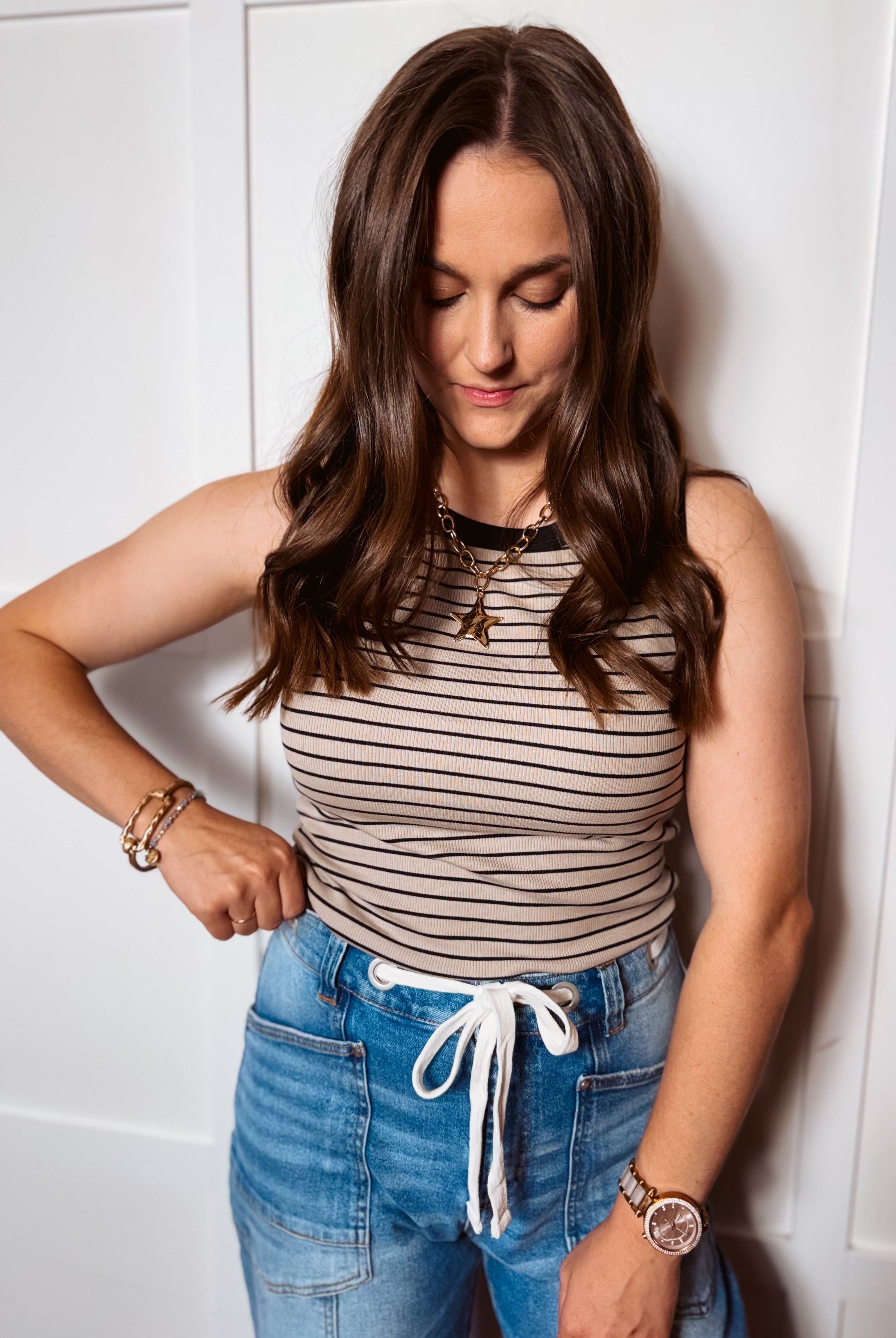 Happiness Trails Boutique - Taupe tank with black stripes