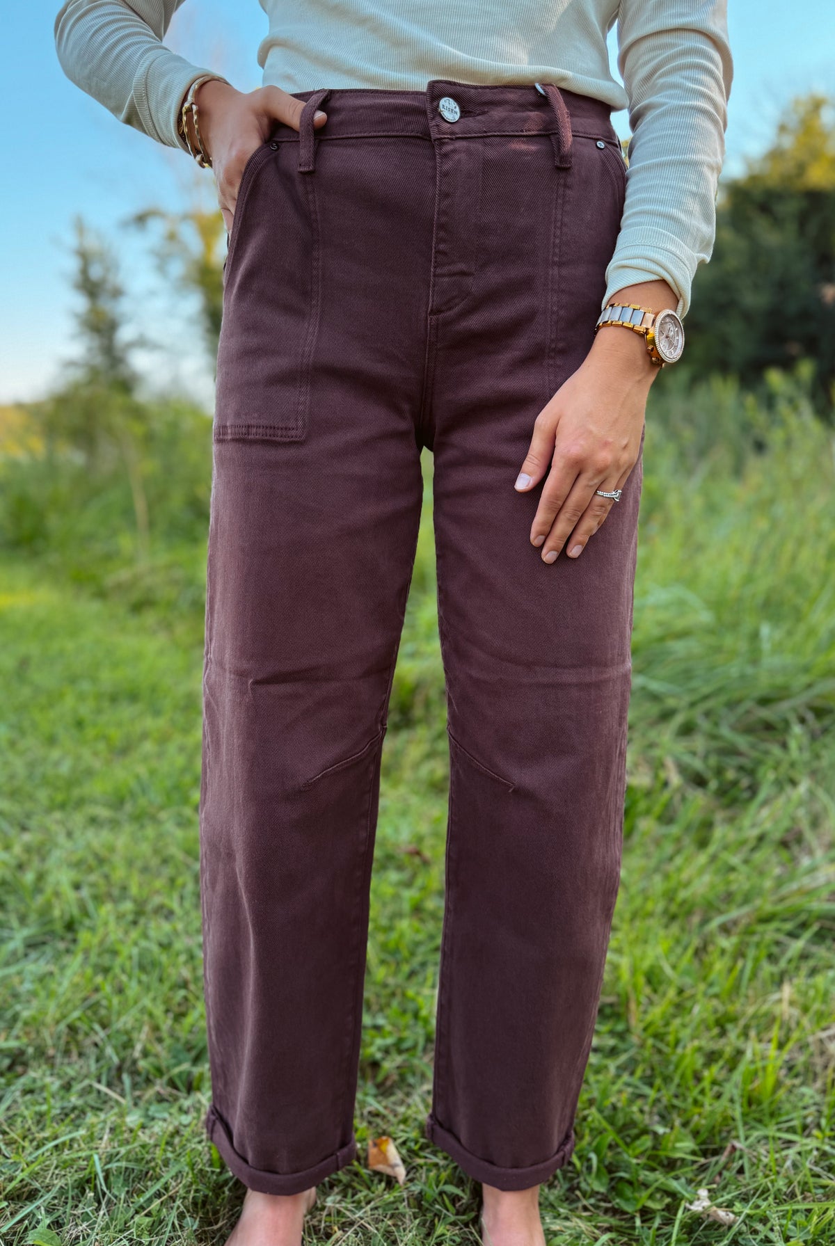 Happiness Trails Boutique - Risen Choco Brown Cuffed Barrel Jeans