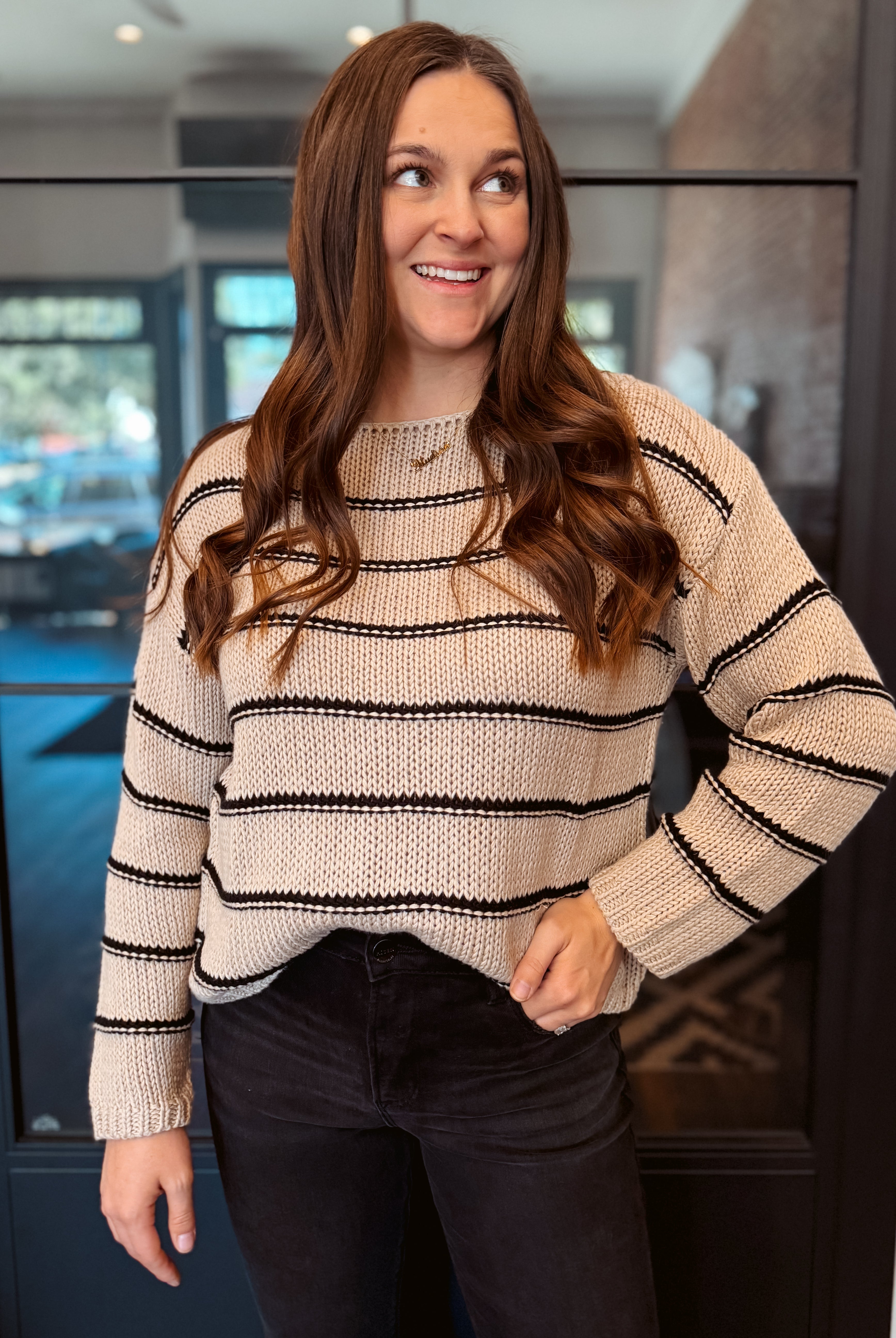 Happiness Trails Boutique - Stone knitted sweater with black stripes
