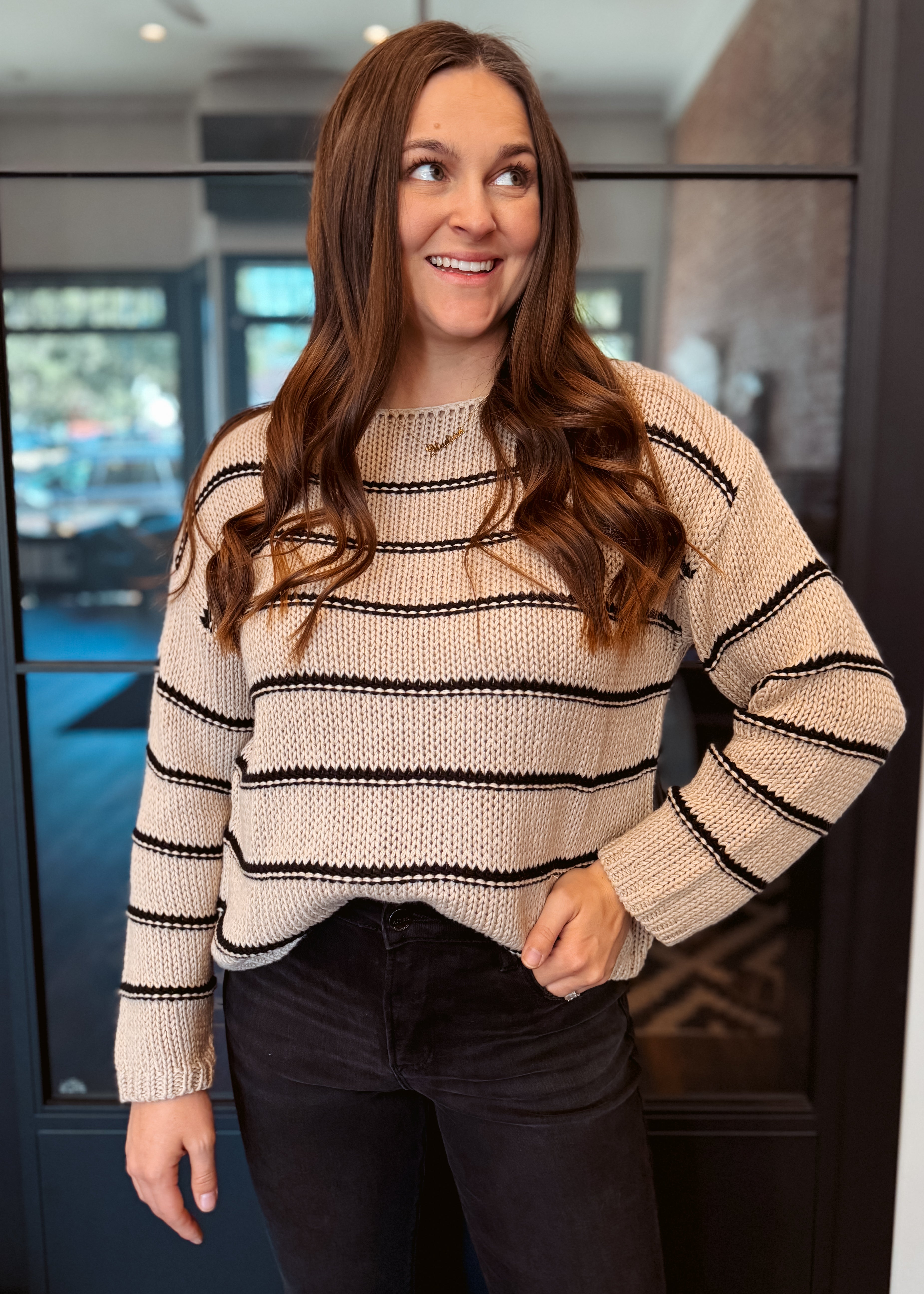 Happiness Trails Boutique - Stone knitted sweater with black stripes