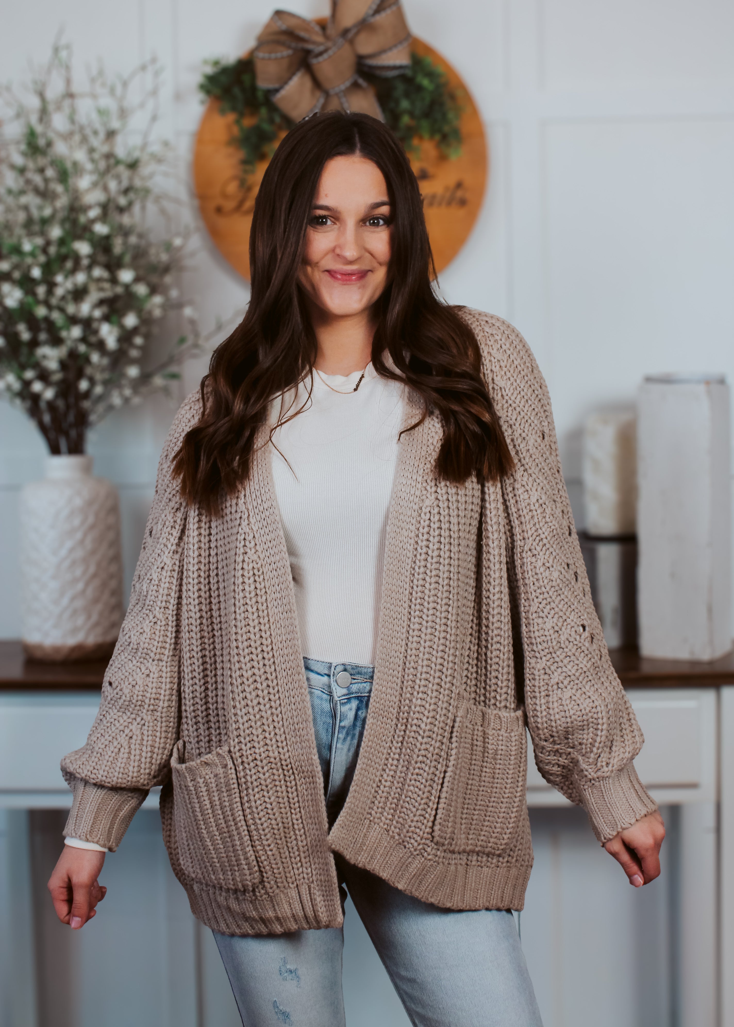 Happiness Trails Boutique - Mushroom chunky cable knit cardigan