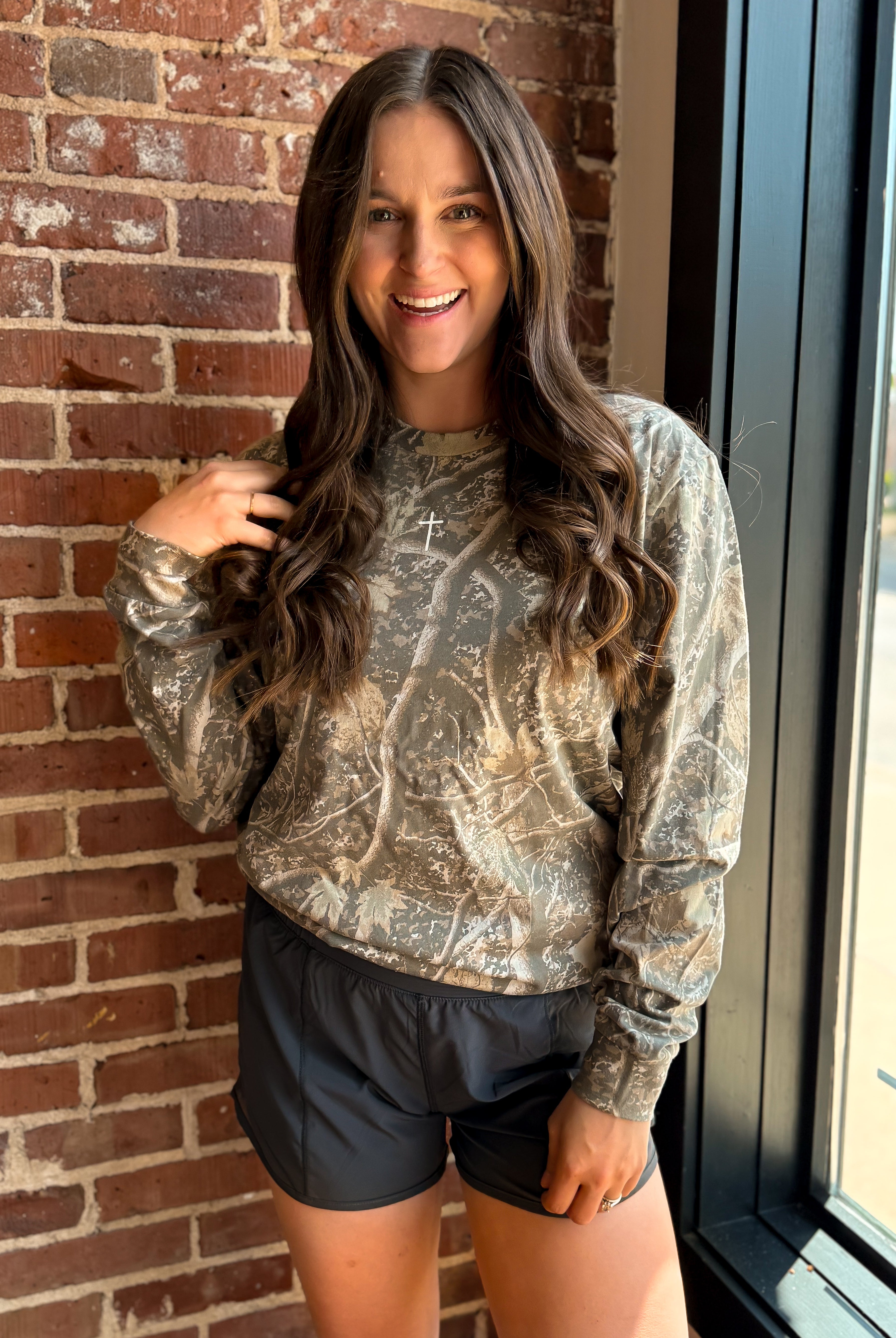 Deadwood Tree Camo Long Sleeve Graphic Tee with a screen printed Small Cross