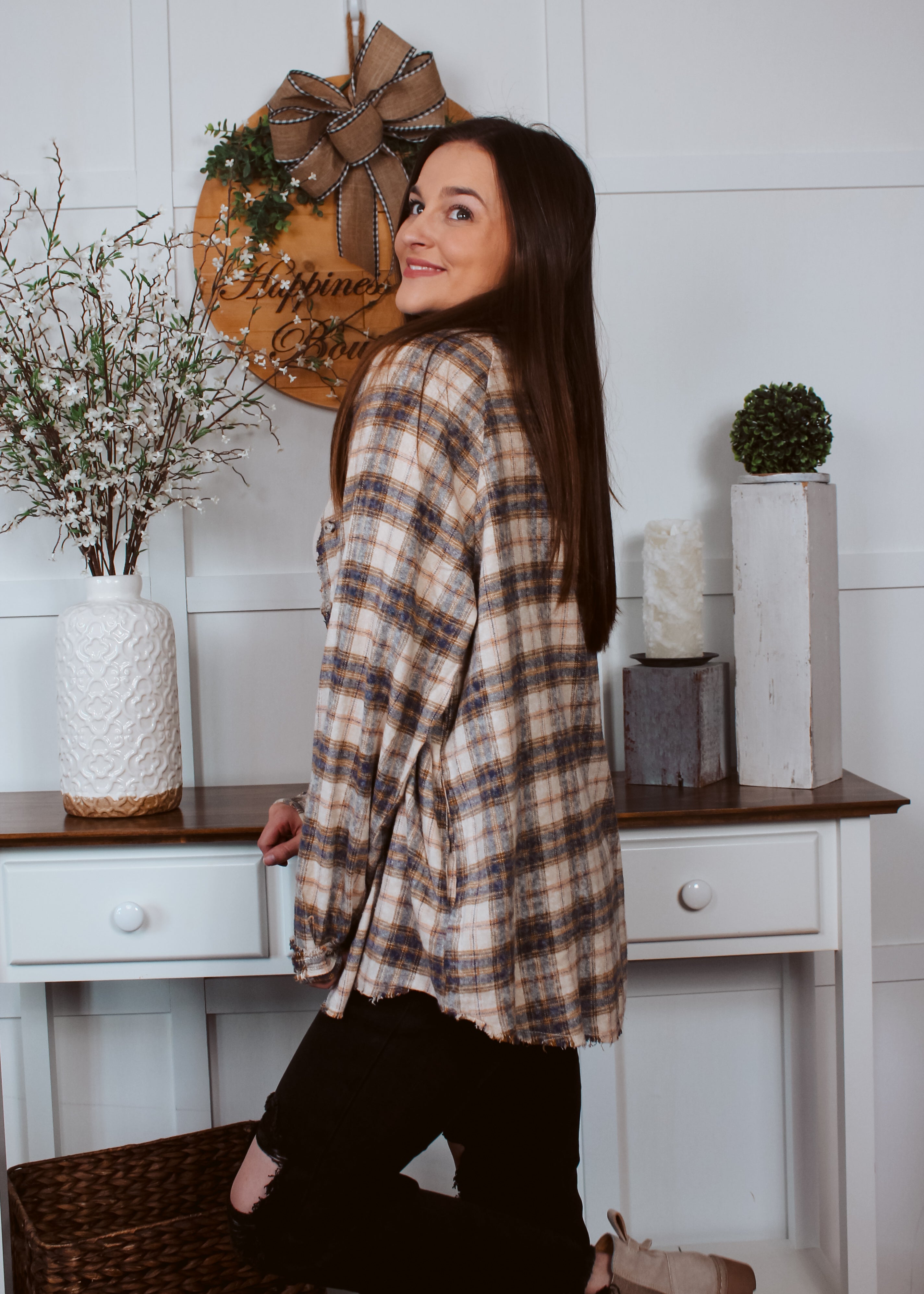 Happiness Trails Boutique - Tan and navy plaid shacket