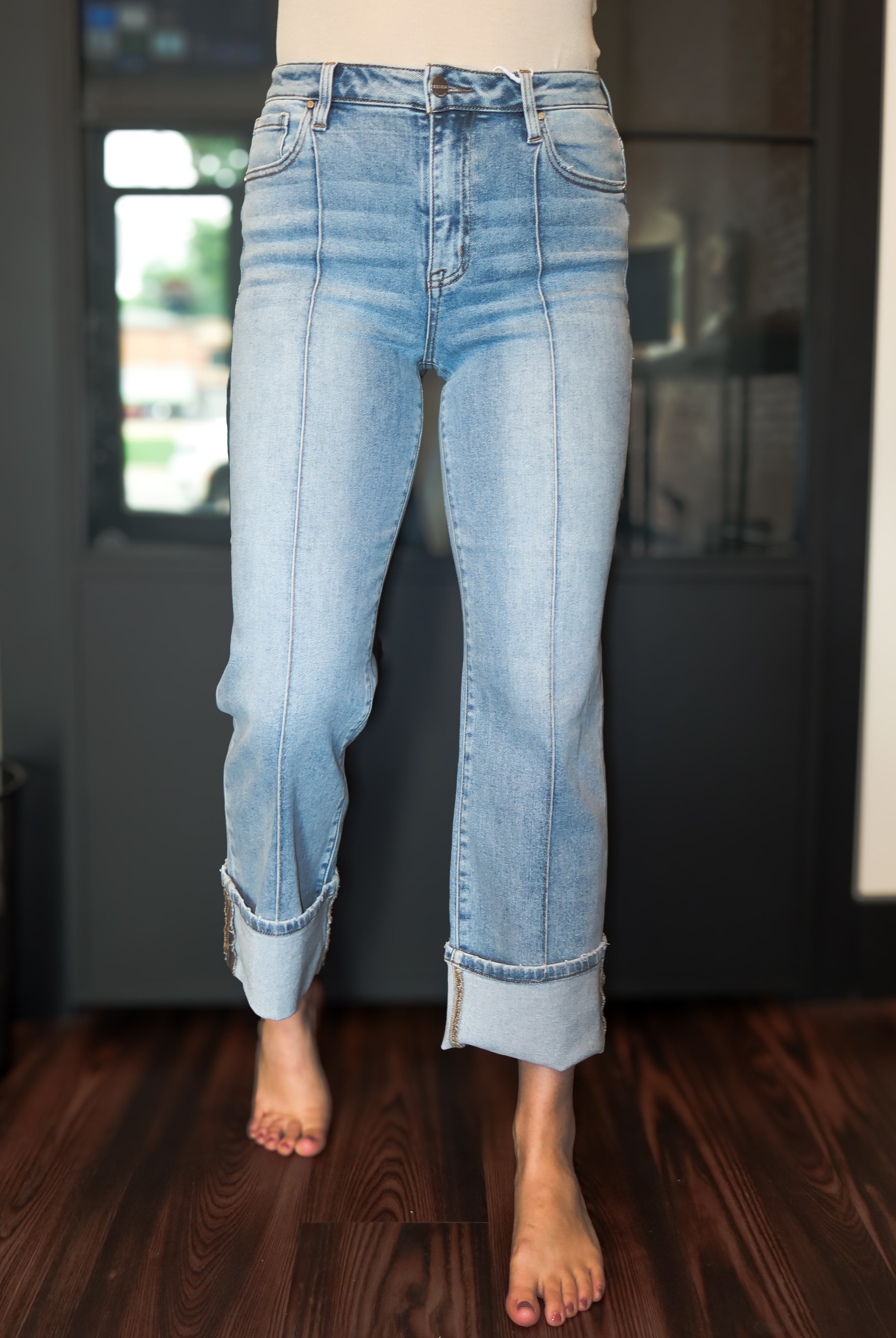 Happiness Trails Boutique - Risen high rise ankle straight wide cuffed jeans