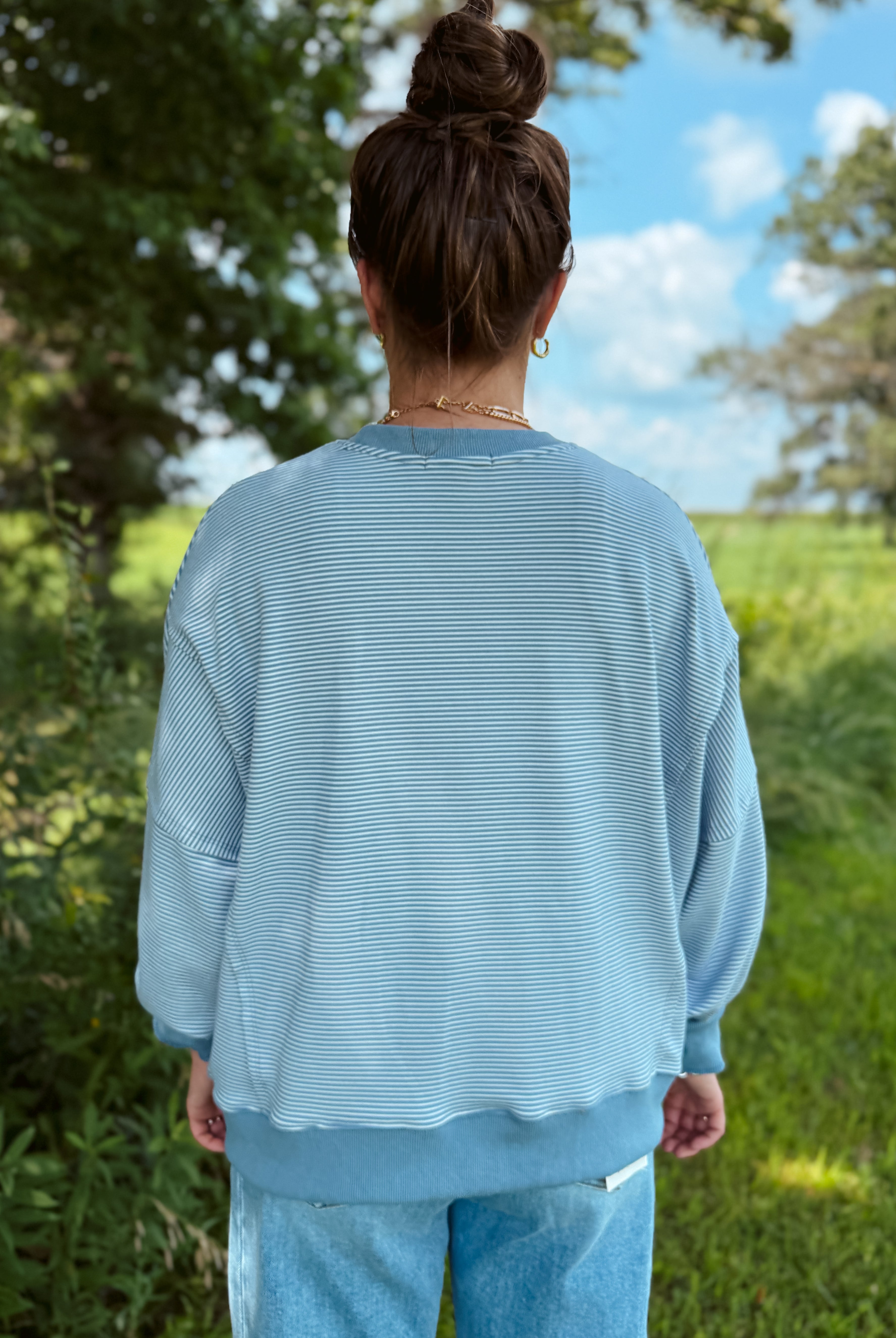 Happiness Trails Boutique - Ivory/blue striped sweatshirt