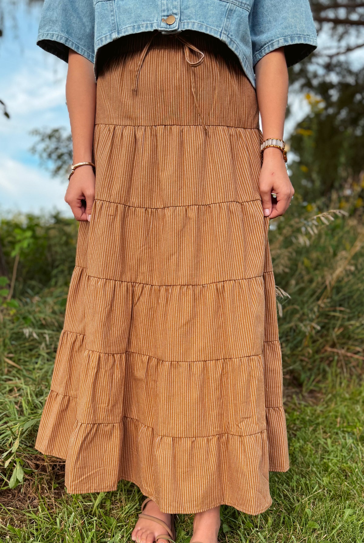 Happiness Trails Boutique - Camel striped maxi skirt