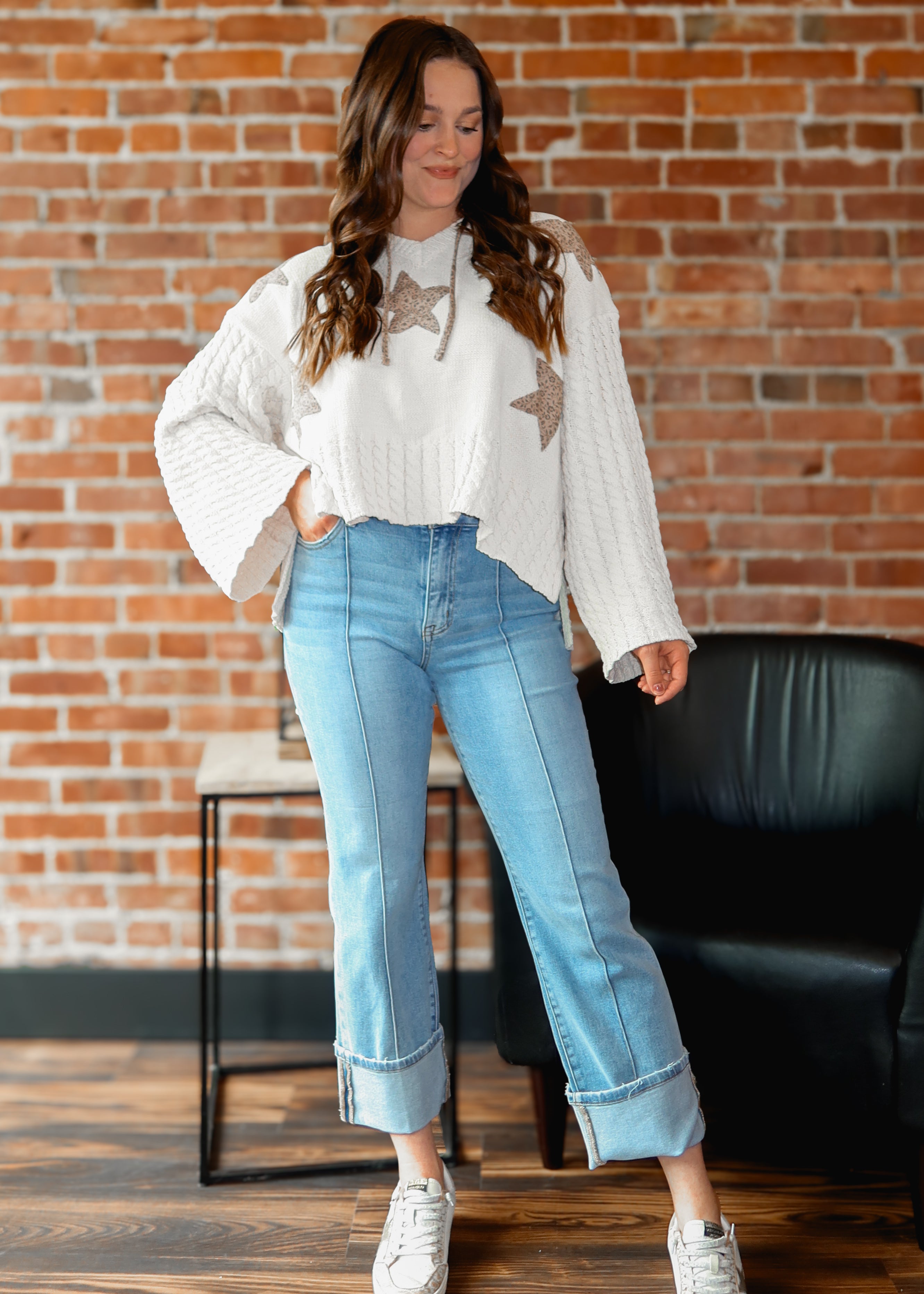 Happiness Trails Boutique - POL almond sweater with star patch detail