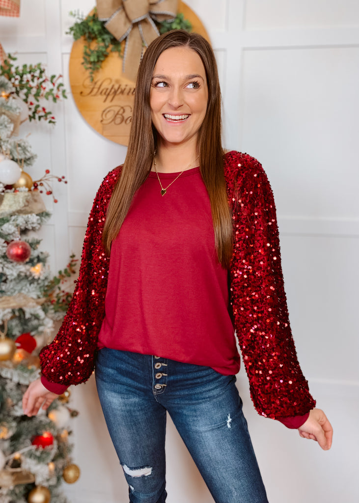 Burgundy French terry velour top with sequin balloon sleeves