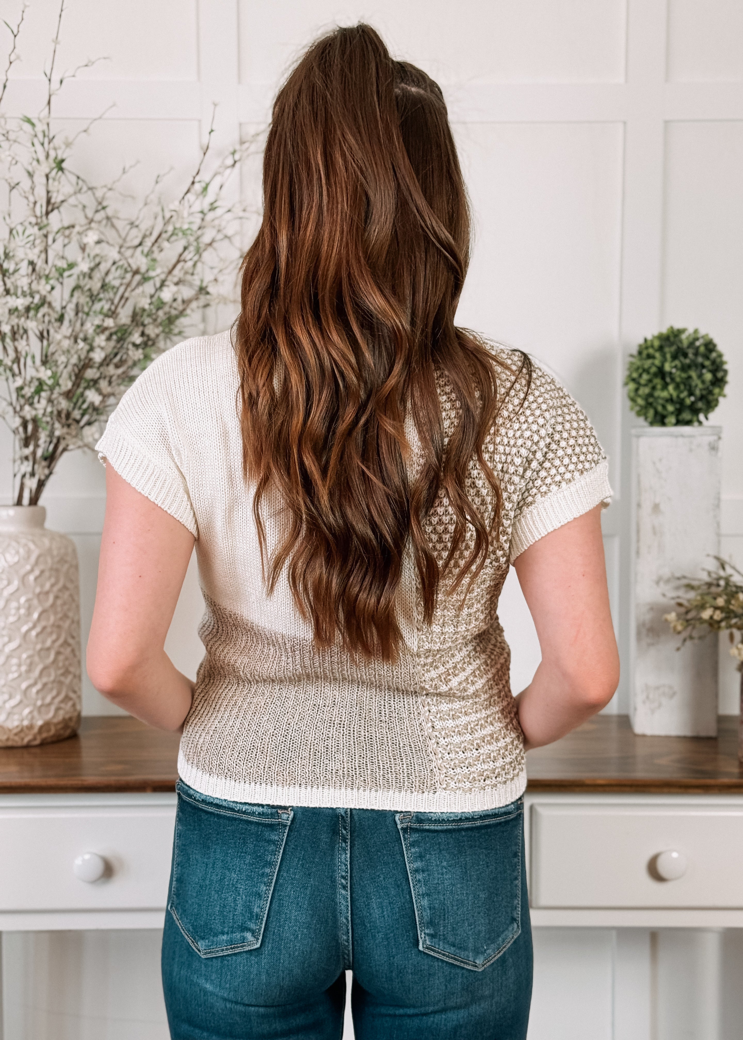 Happiness Trails Boutique - Ivory/tan color block short sleeve top