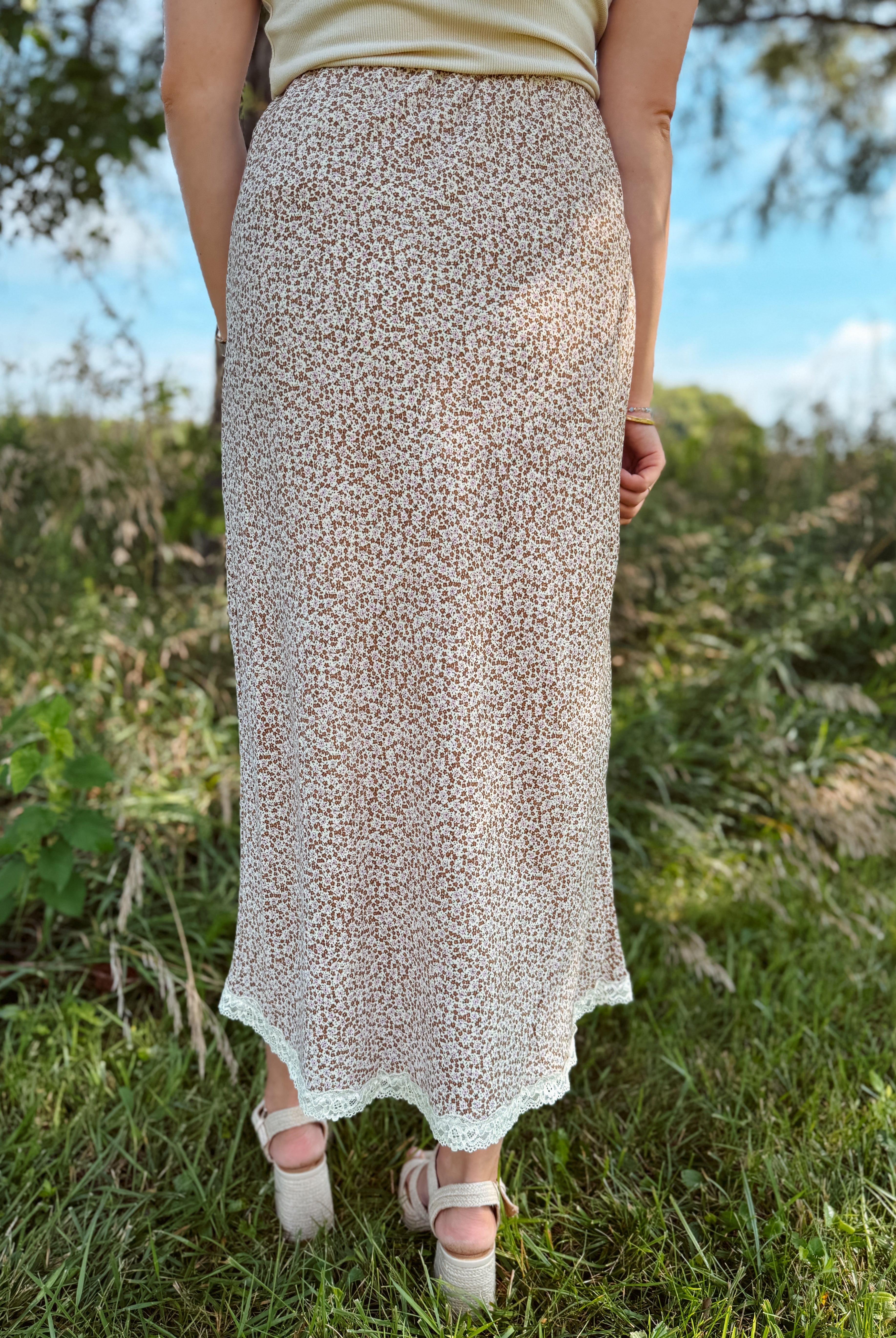 Happiness Trails Boutique - Mocha/pink floral midi skirt