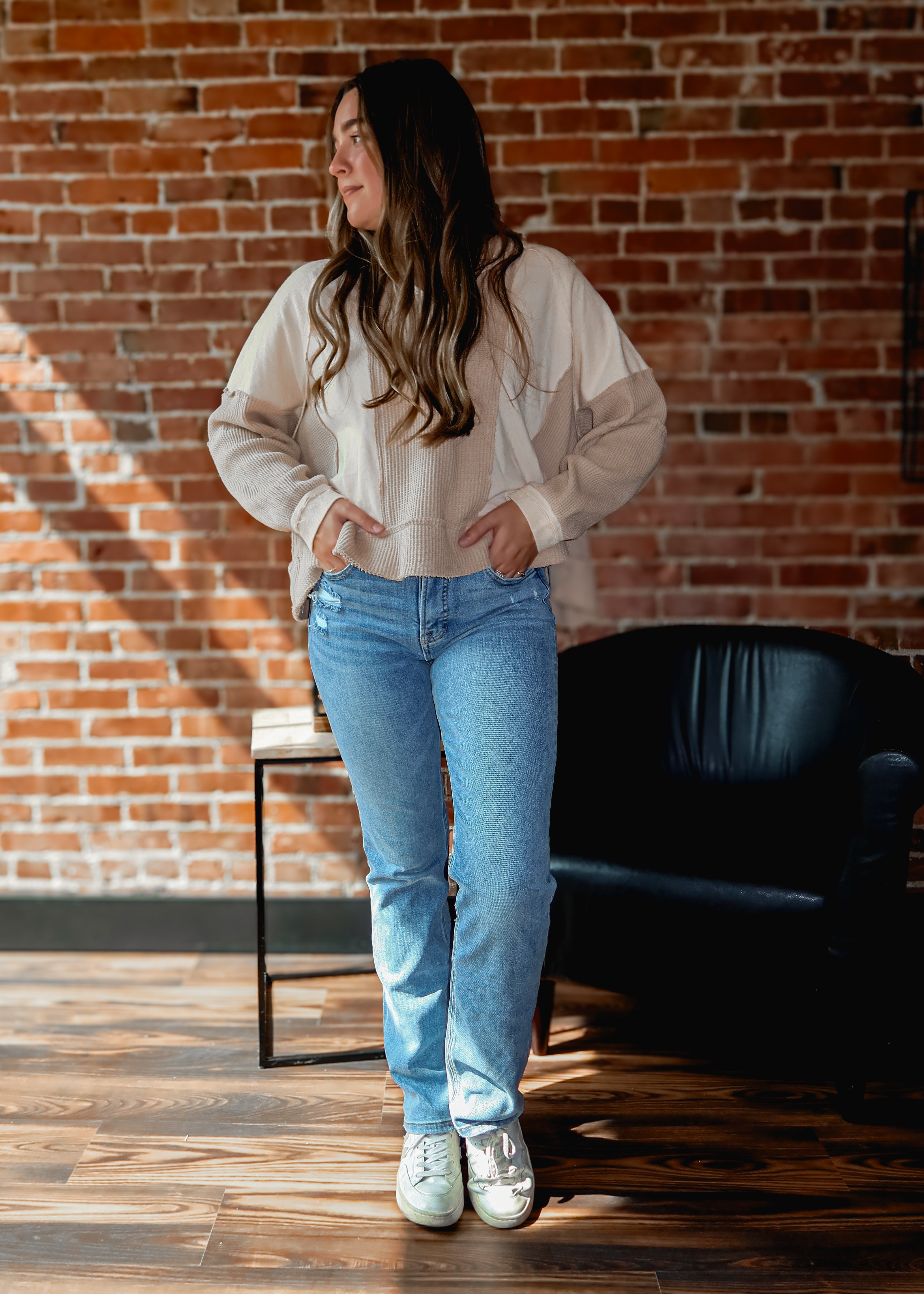 Happiness Trails Boutique - Beige mixed fabric knit long sleeve top