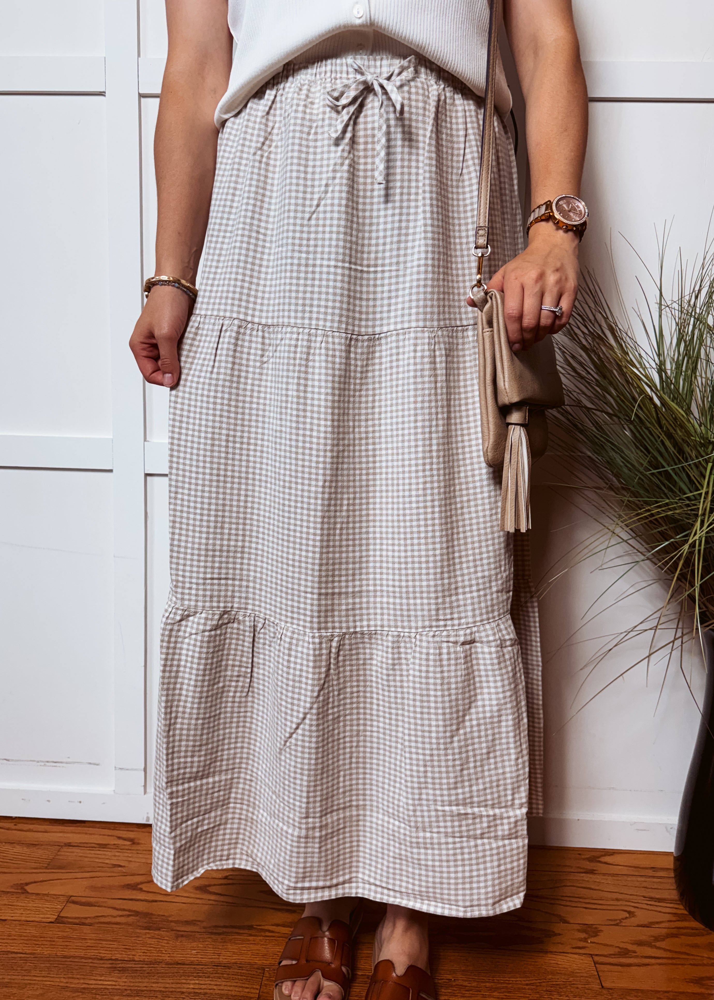 Happiness Trails Boutique - Sand gingham maxi skirt