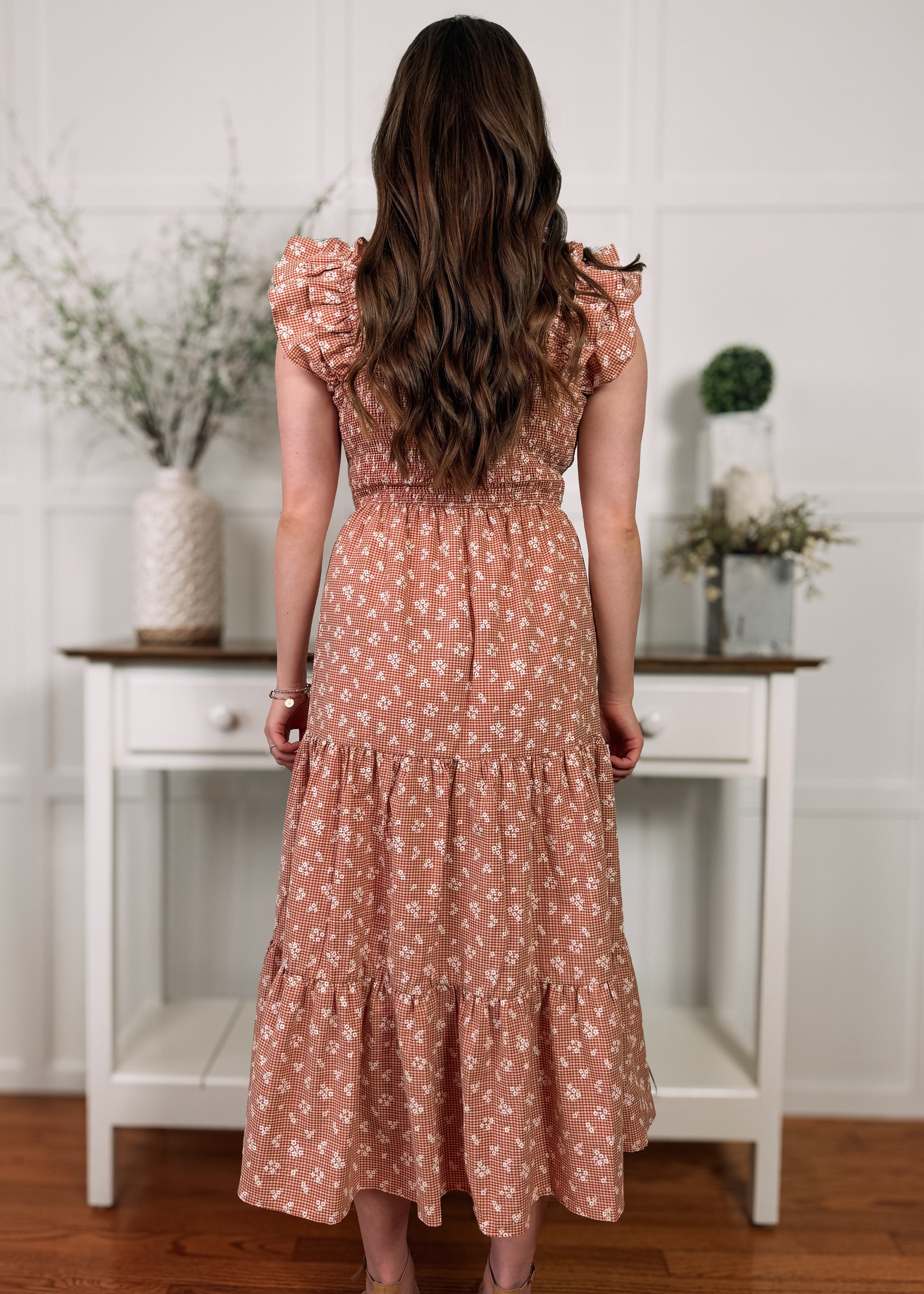 Happiness Trails Boutique - Rust/Natural floral midi dress