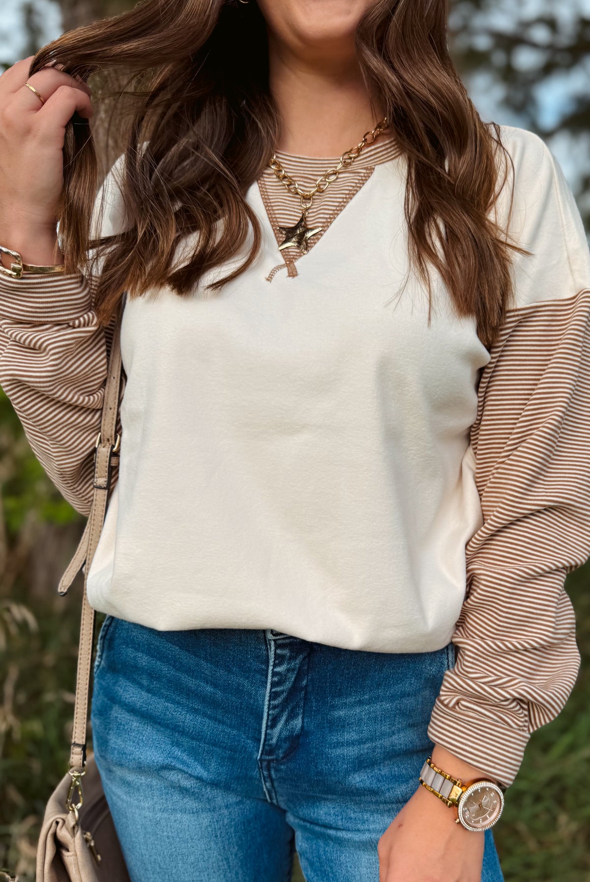 Happiness Trails Boutique - Ivory sweatshirt with camel stripe detailing on the sleeves and waistband