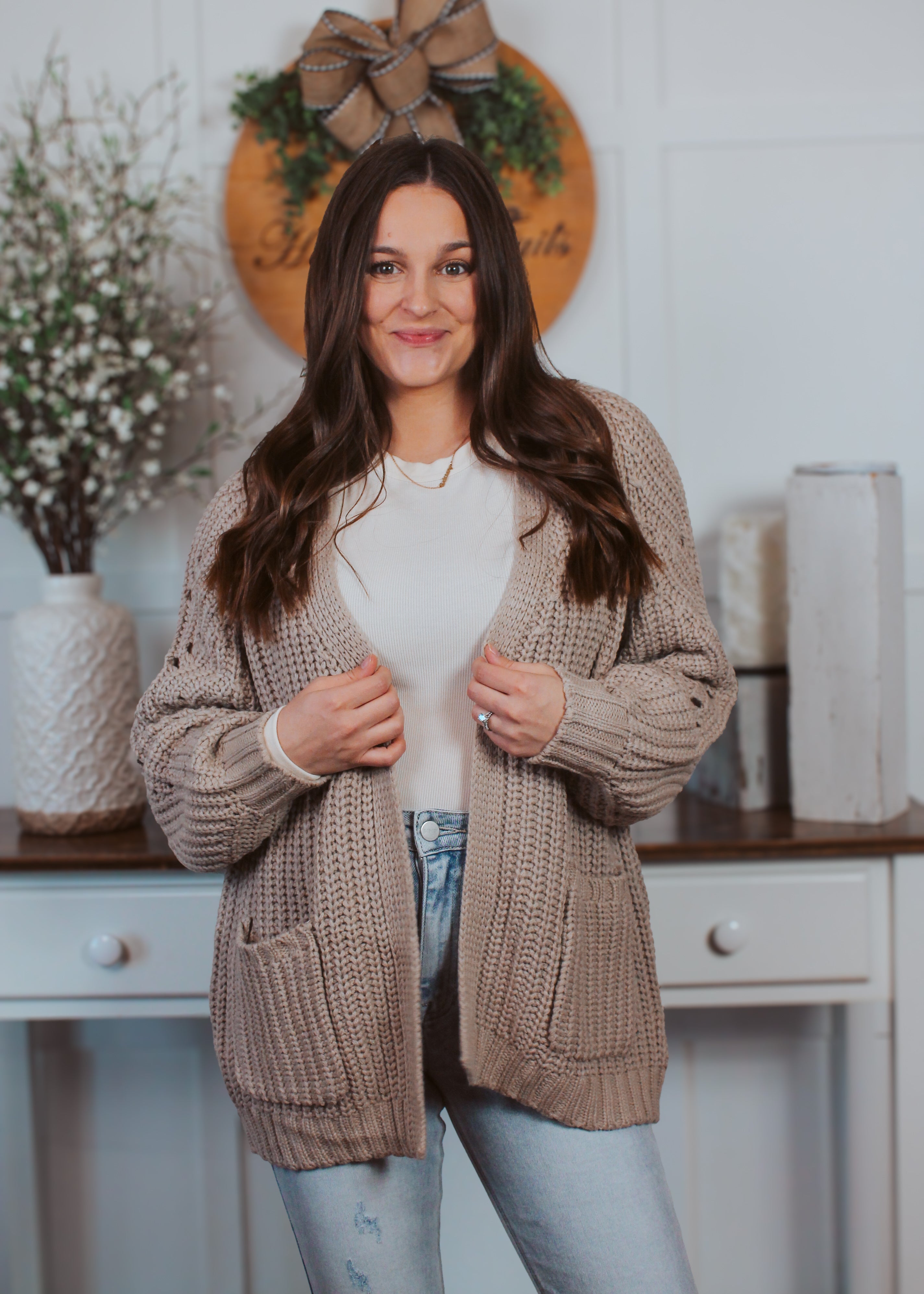 Happiness Trails Boutique - Mushroom chunky cable knit cardigan