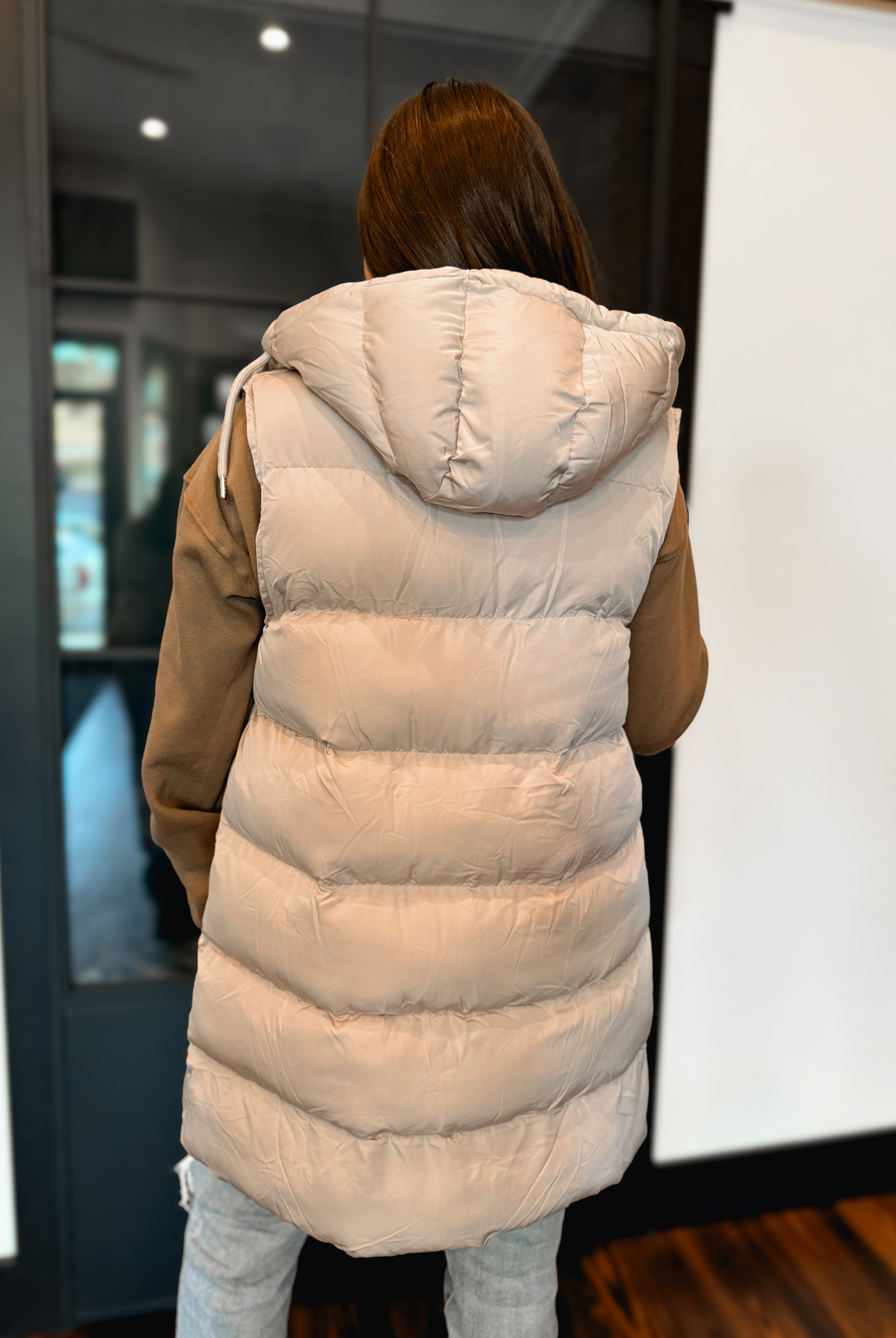 Happiness Trails Boutique - Beige hooded long puffer vest