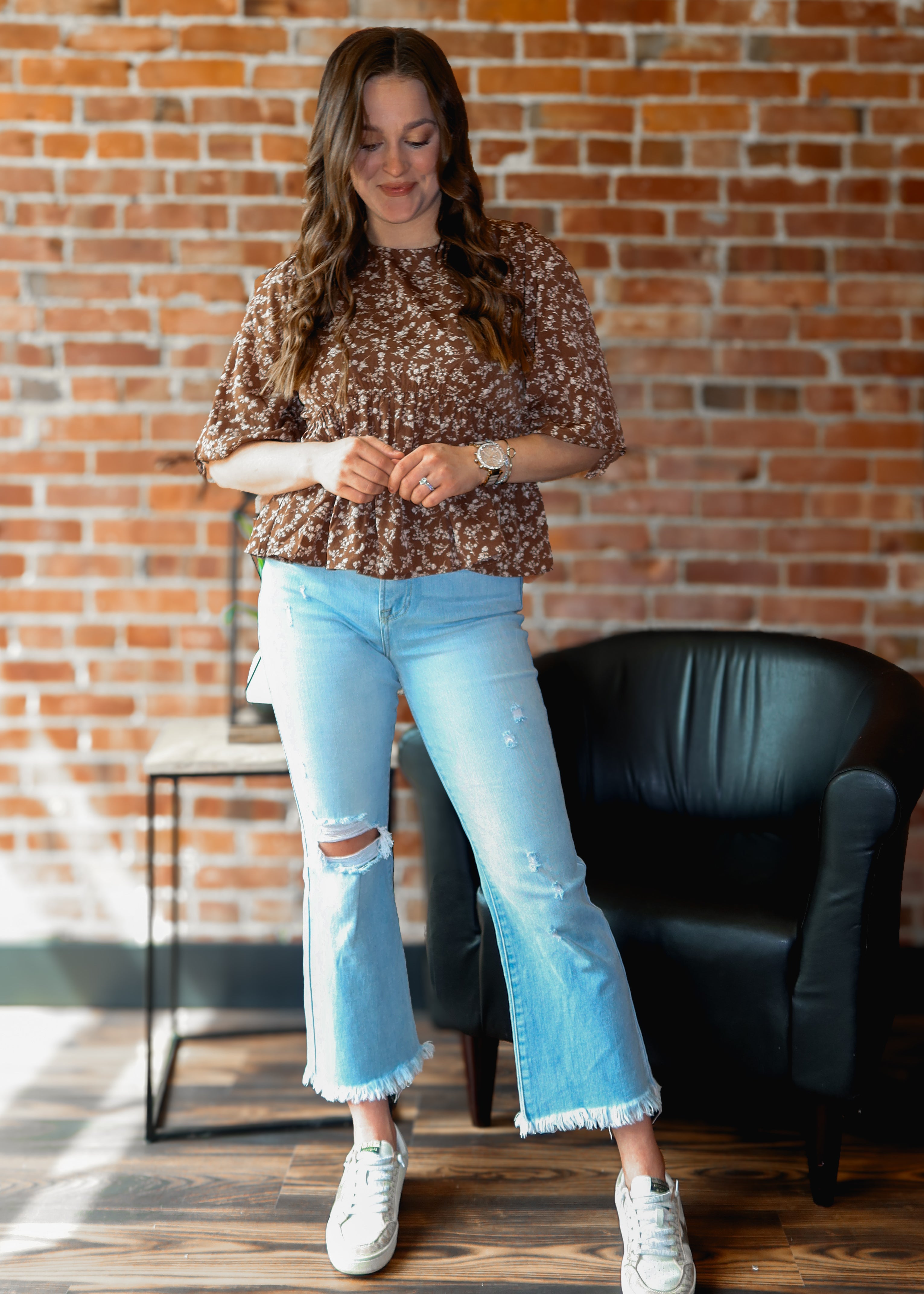 Happiness Trails Boutique - Brown peplum blouse with cream floral print