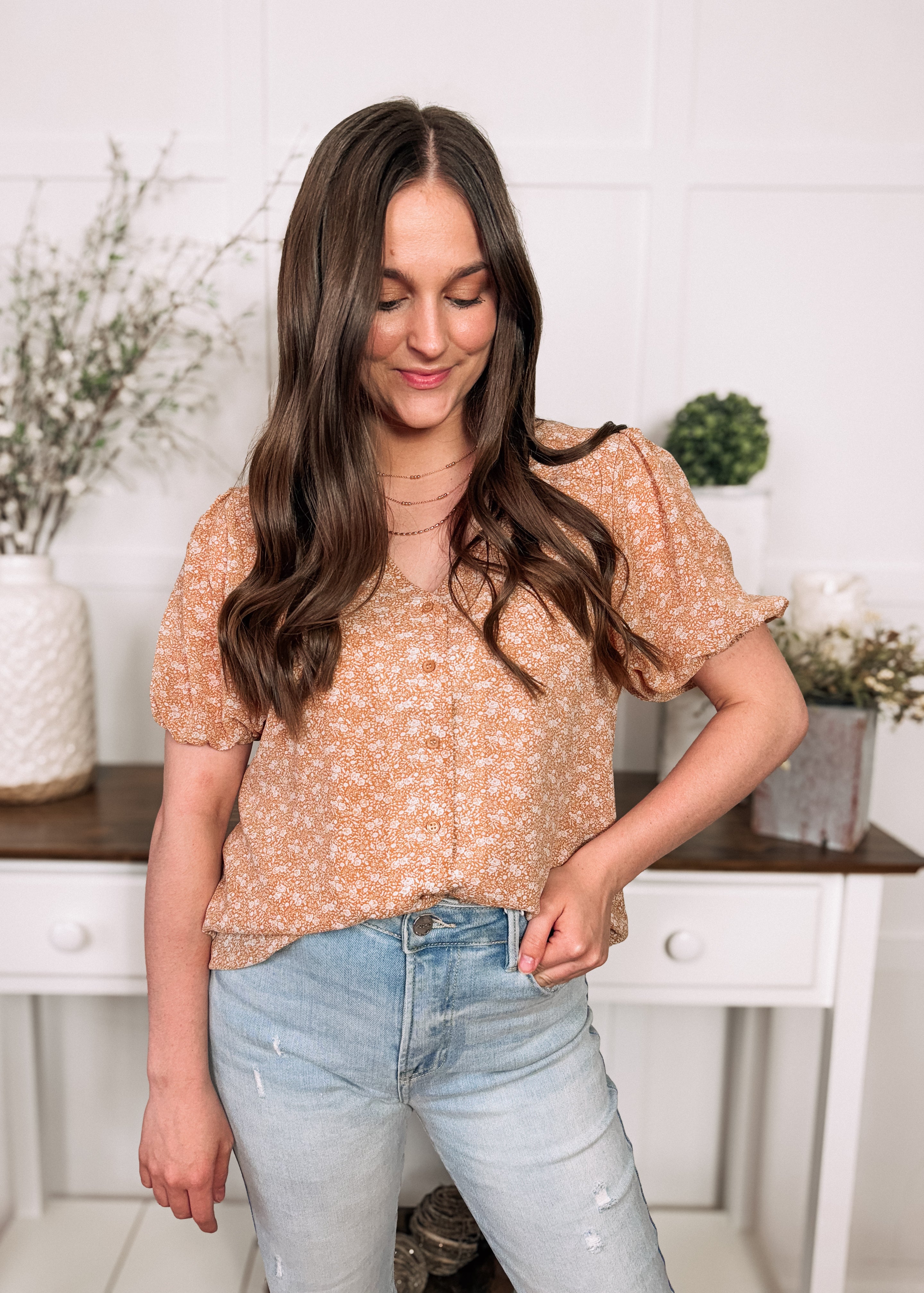 Happiness Trails Boutique - Camel floral short sleeve blouse