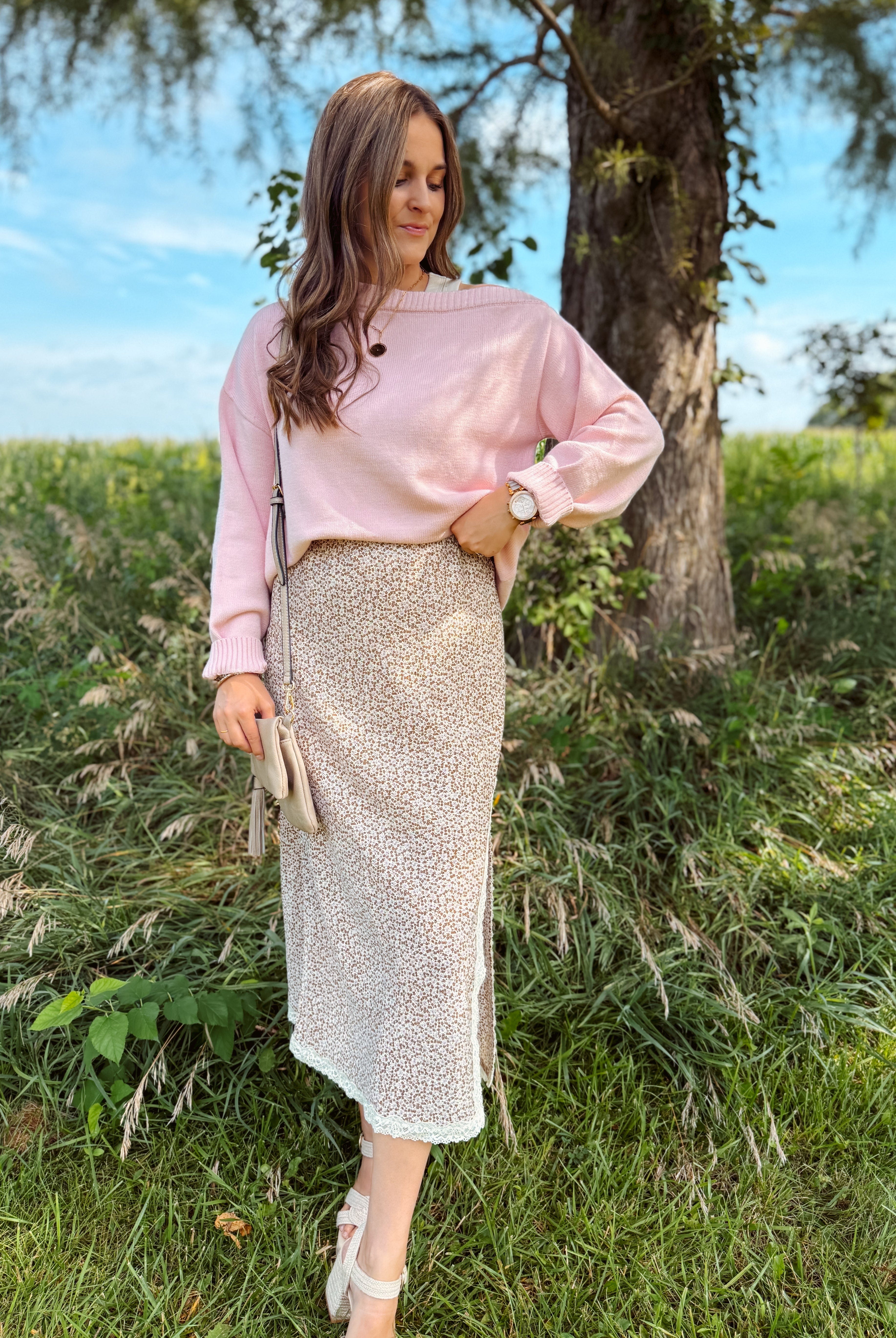 Happiness Trails Boutique - Mocha/pink floral midi skirt
