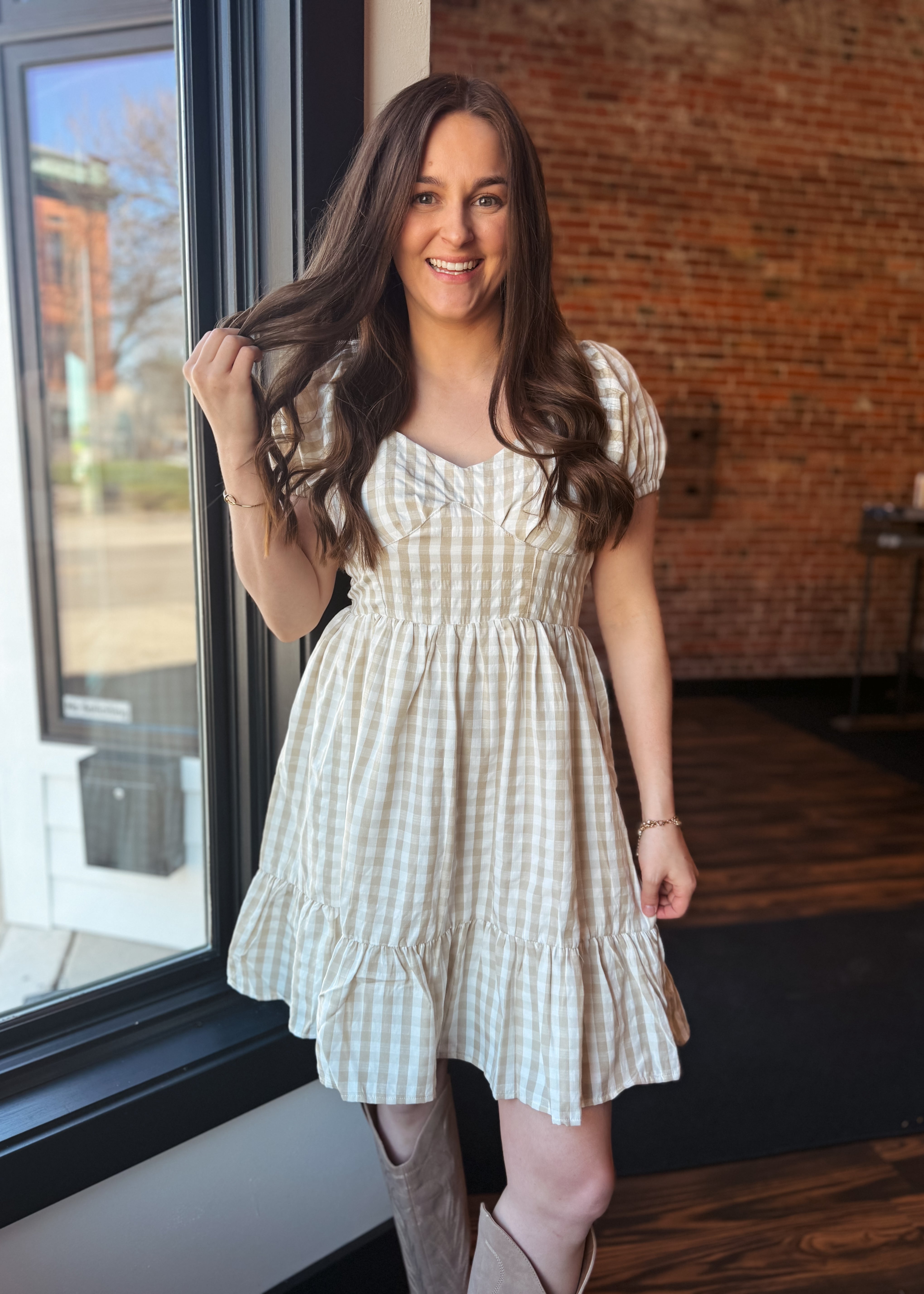 Happiness Trails Boutique - Taupe and white gingham dress