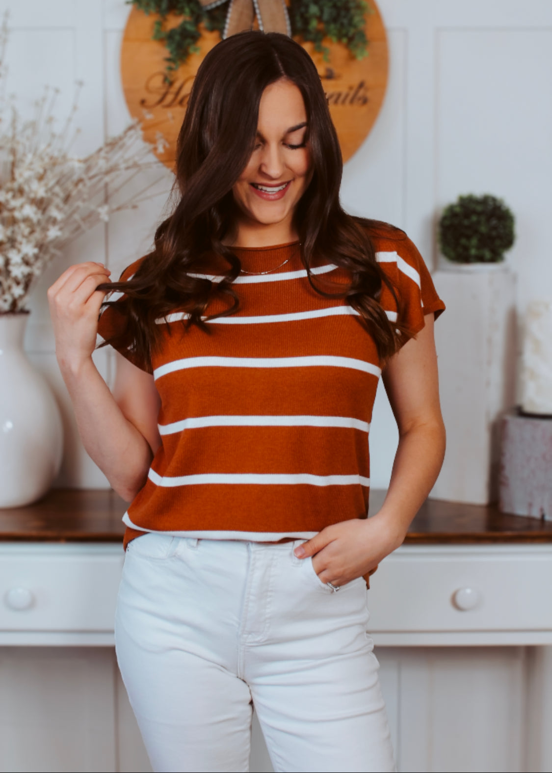 Rust short sleeve top with white stripes