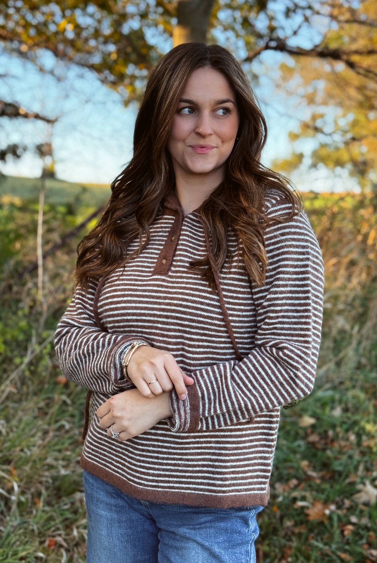 Happiness Trails Boutique - Mocha and cream striped hooded sweater