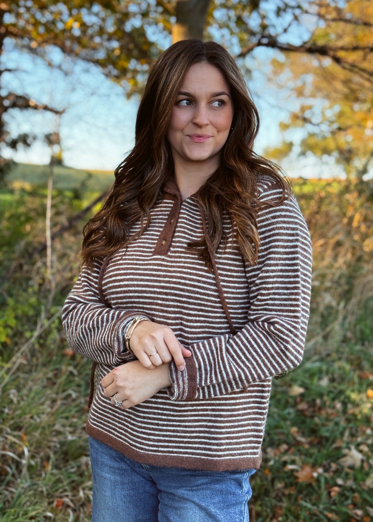 Happiness Trails Boutique - Mocha and cream striped hooded sweater
