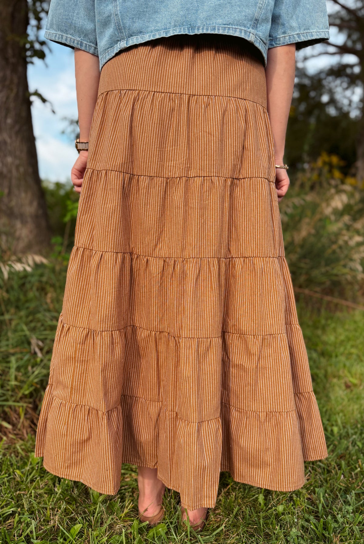 Happiness Trails Boutique - Camel striped maxi skirt