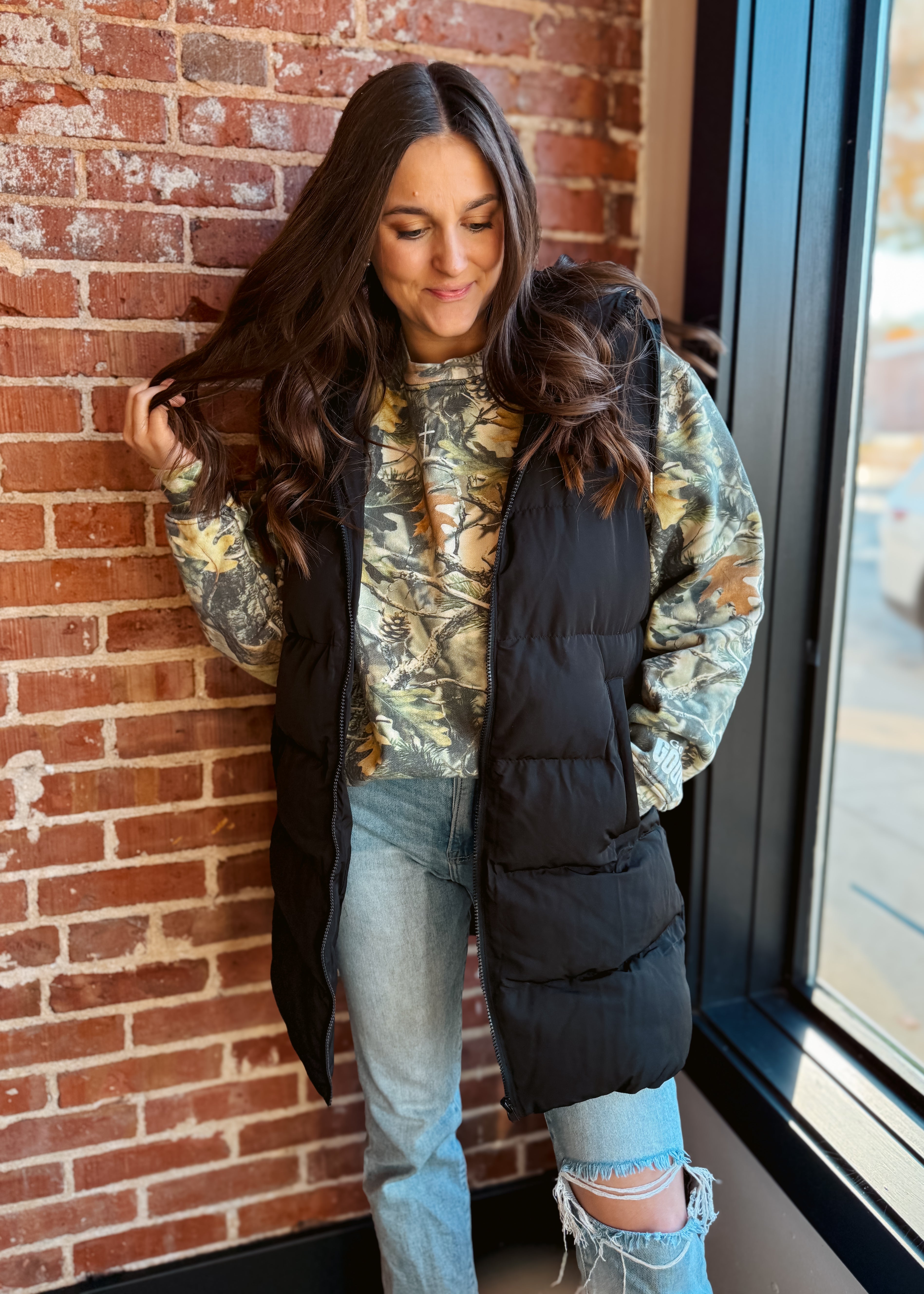 Happiness Trails Boutique - Black hooded long puffer vest