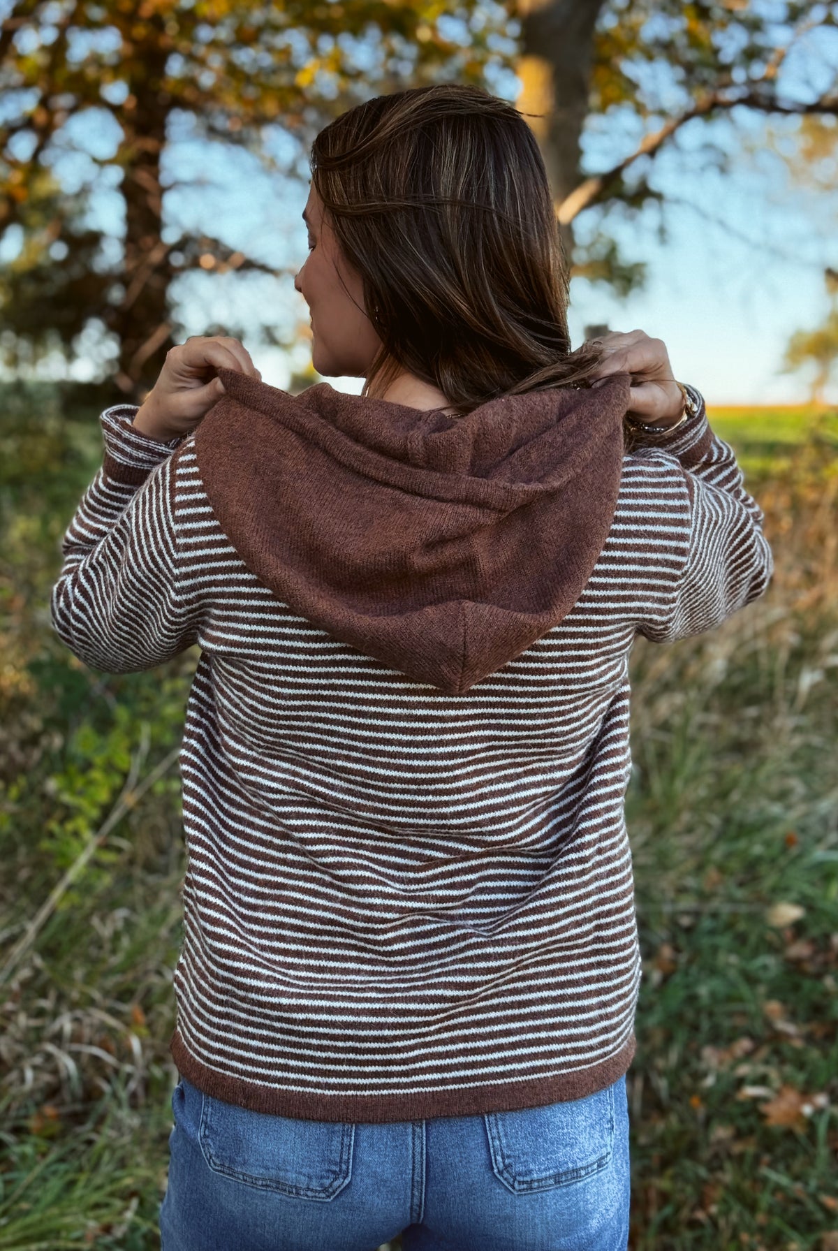Happiness Trails Boutique - Mocha and cream striped hooded sweater