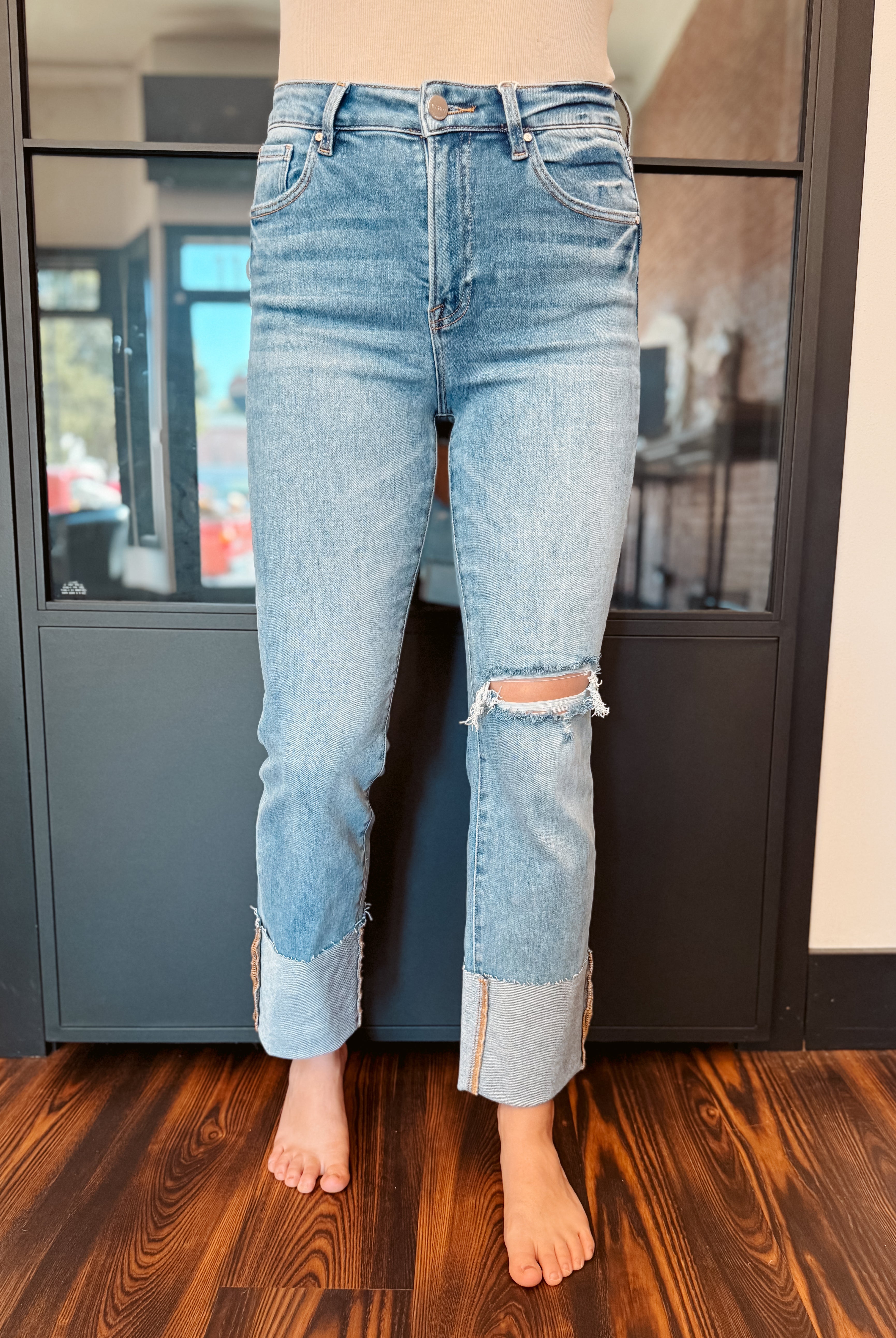 Happiness Trails Boutique - Risen high rise ankle straight wide cuffed jeans