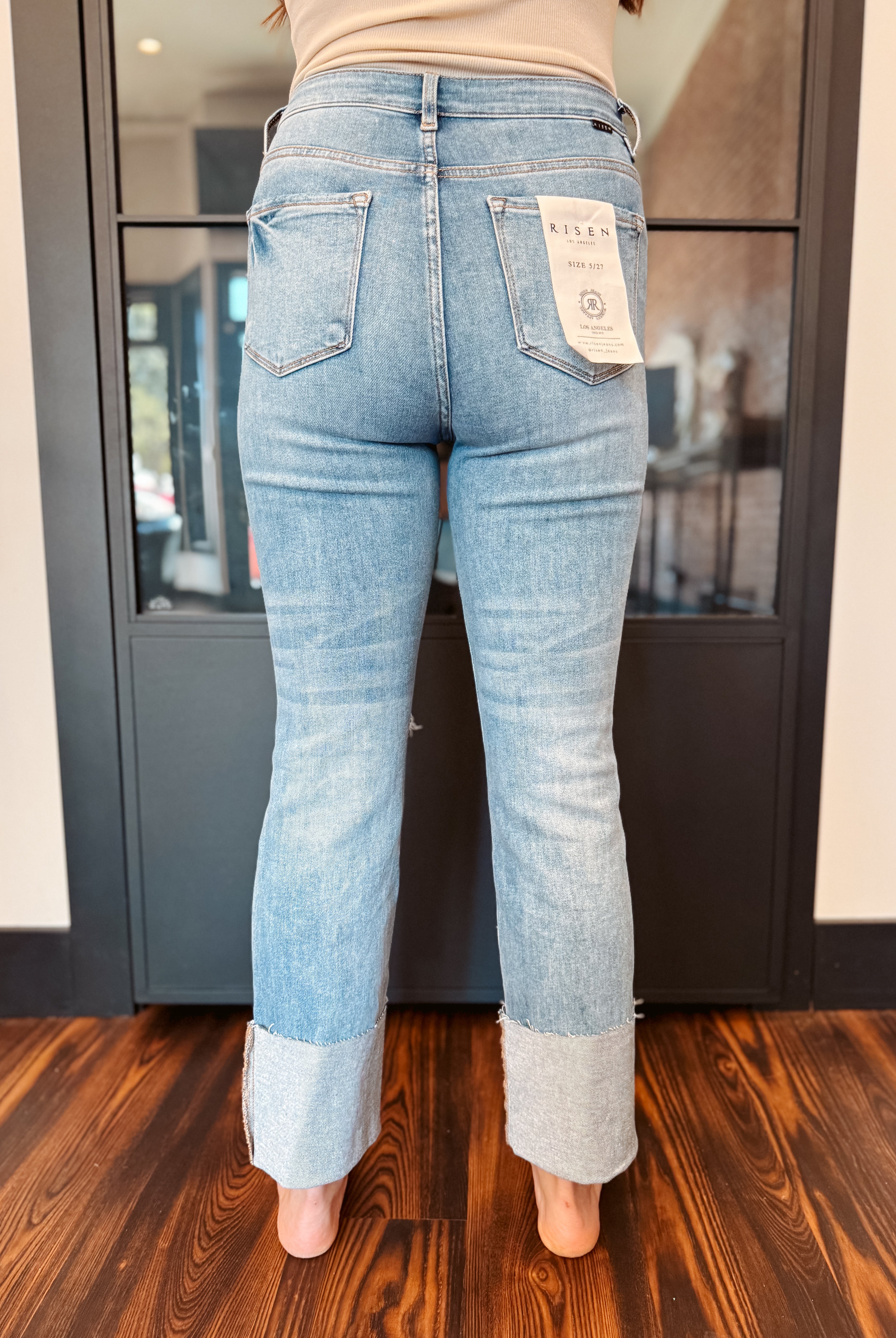 Happiness Trails Boutique - Risen high rise ankle straight wide cuffed jeans