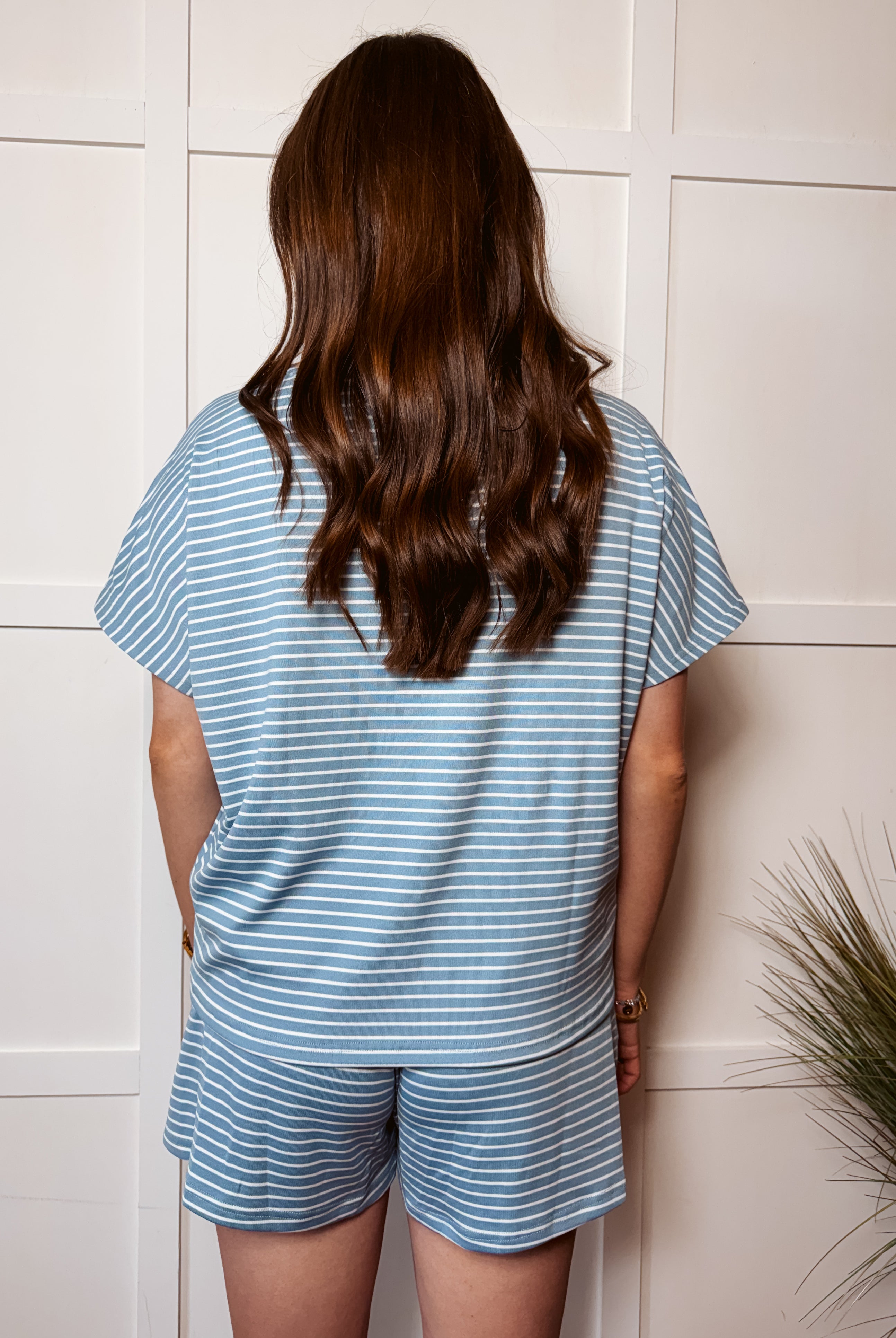 Happiness Trails Boutique - Denim blue/taupe striped knit top and short set