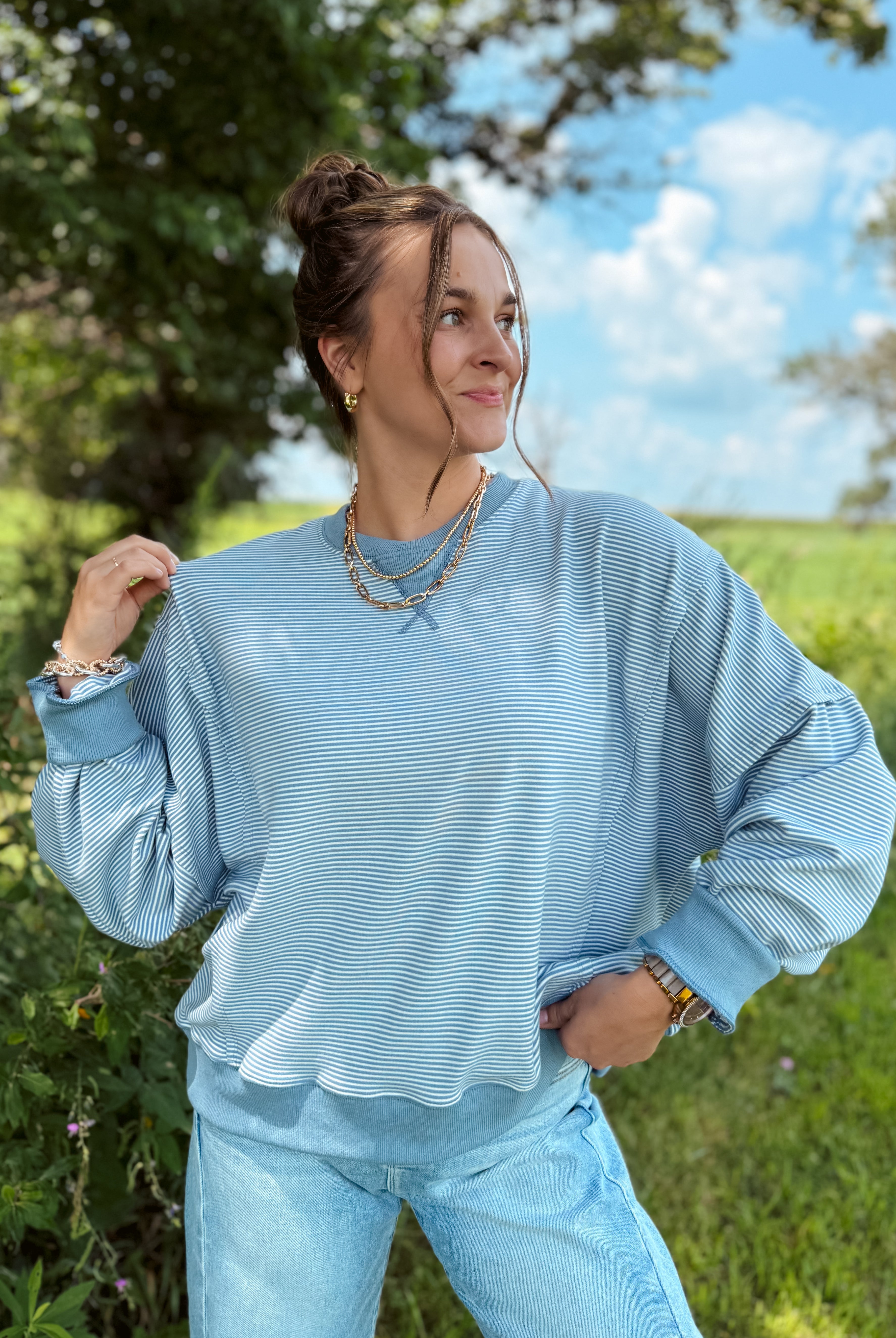 Happiness Trails Boutique - Ivory/blue striped sweatshirt