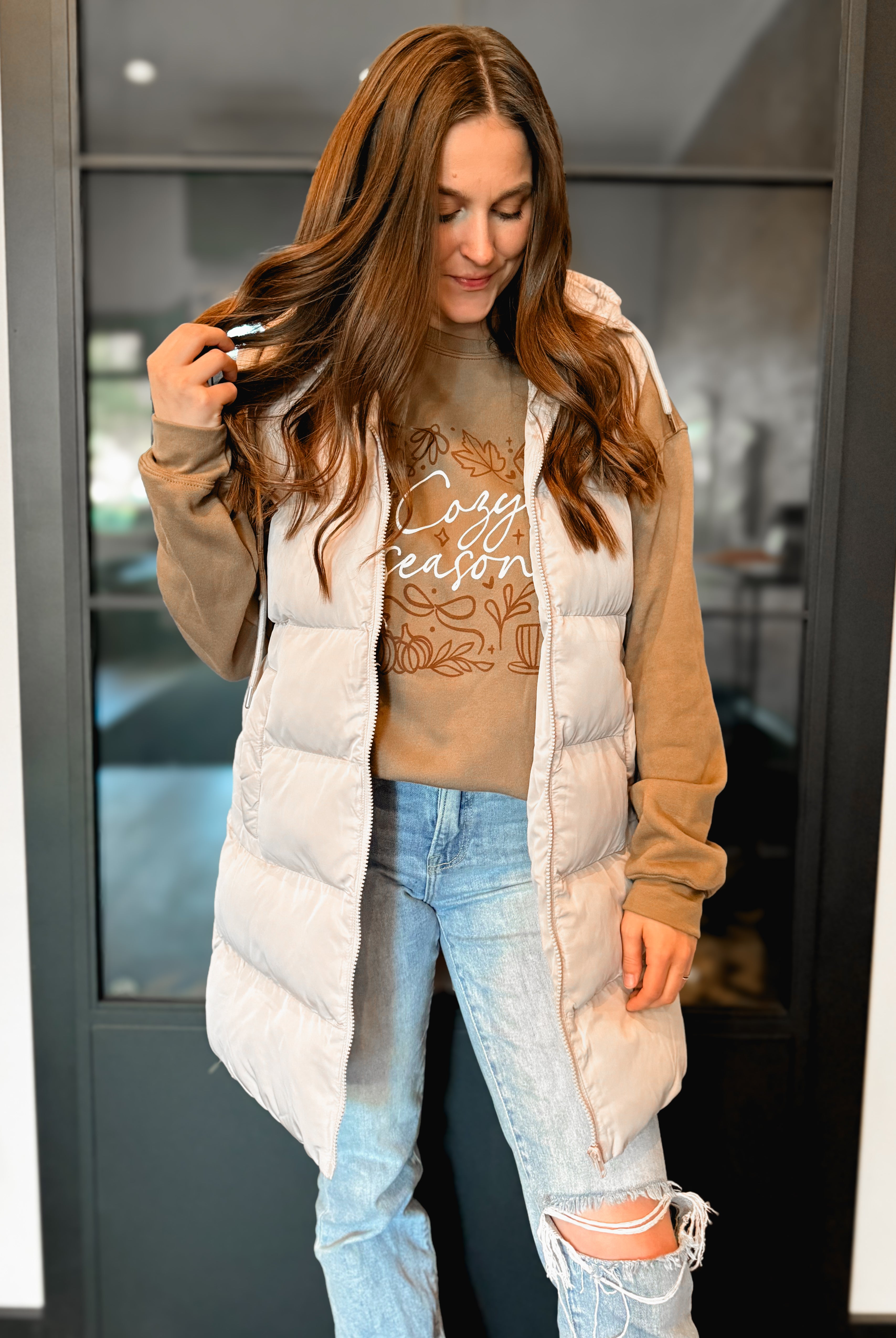 Happiness Trails Boutique - Beige hooded long puffer vest