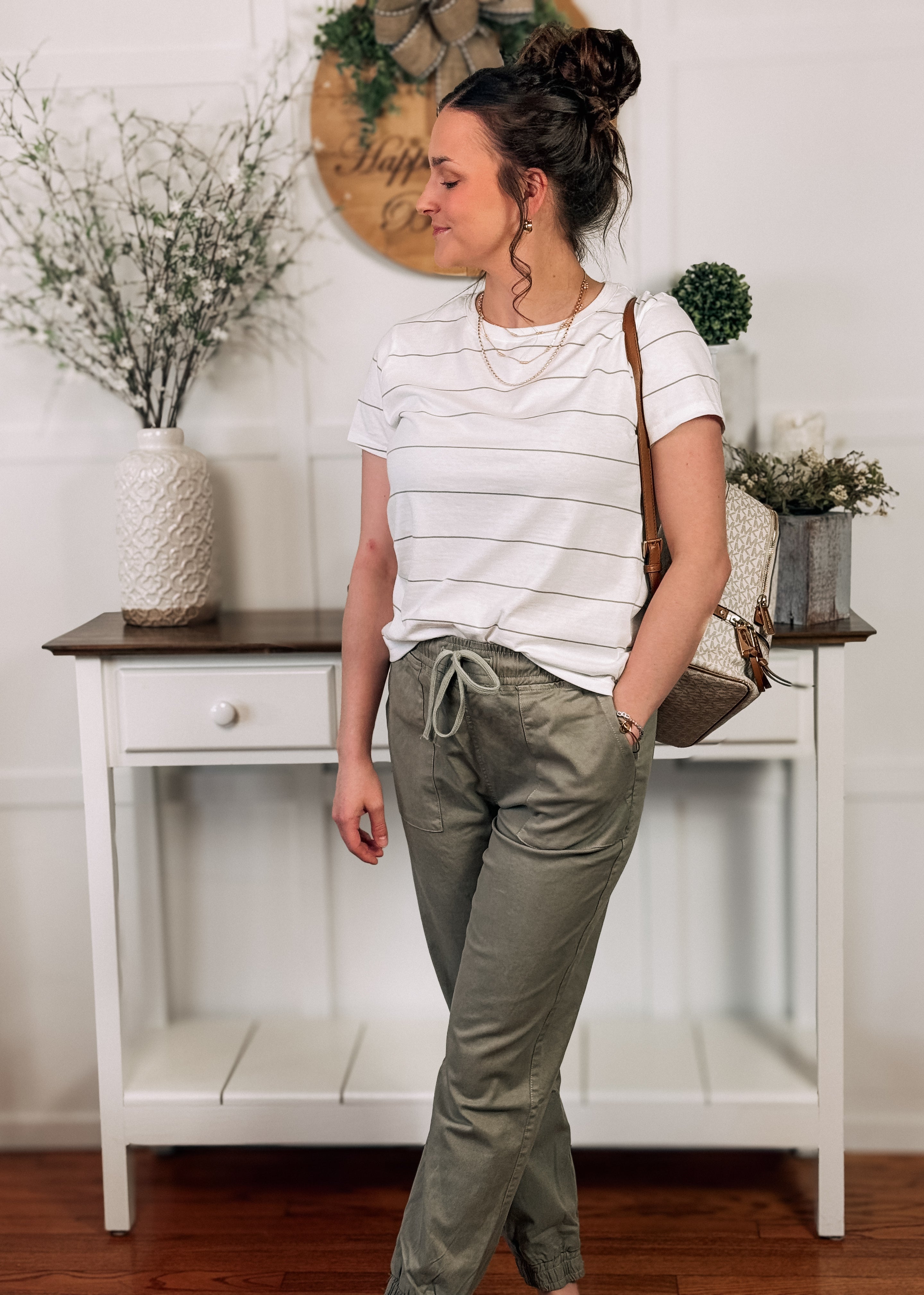 Happiness Trails Boutique - White/Sage striped tee